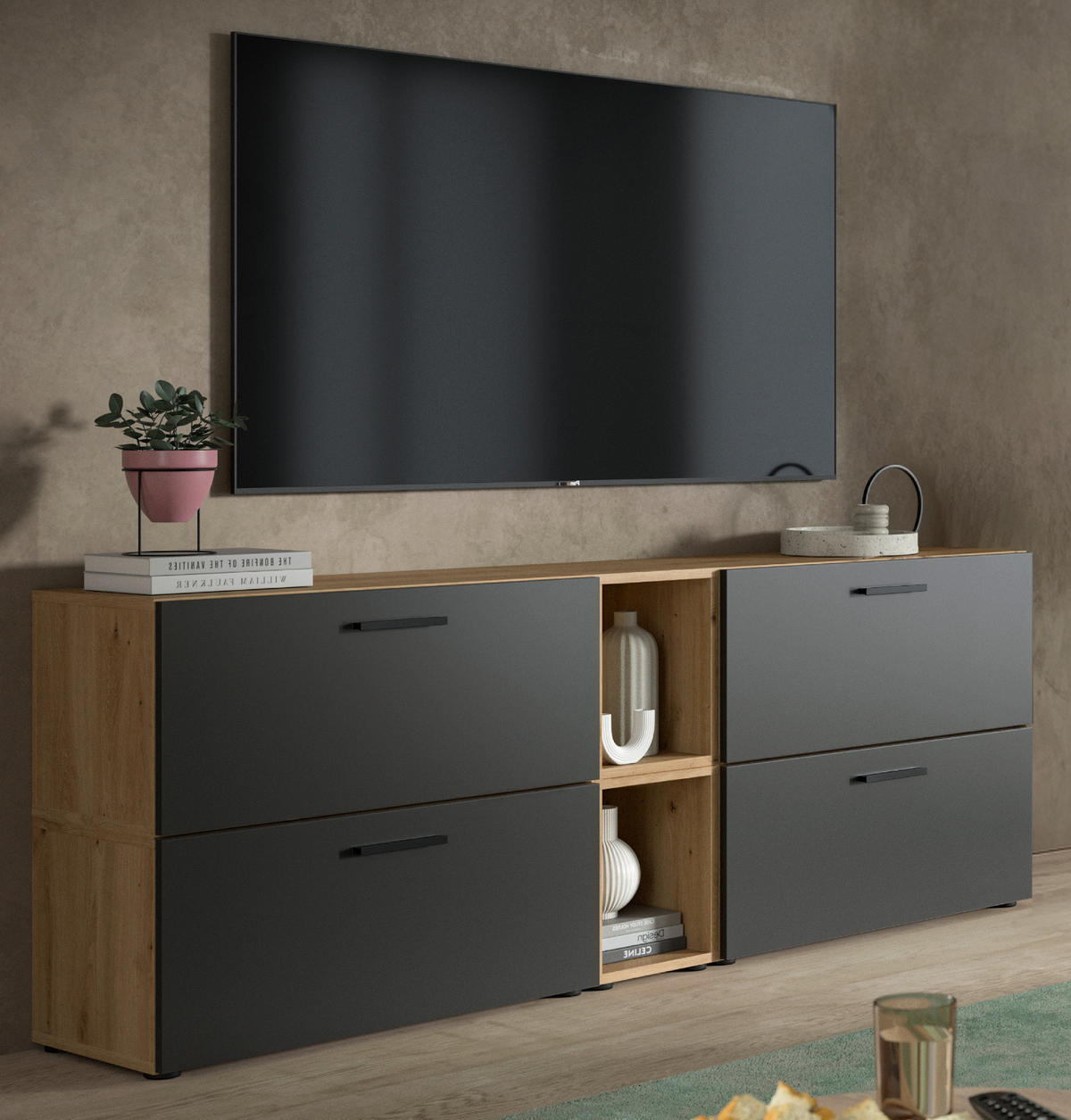 TV-LOWBOARD grau, Eiche Artisan 176 cm, Fernsehtisch hängend / stehend mit Soft-Close - Schwarz/Eiche Artisan, Holzwerkstoff/Kunststoff (176/67/34cm) - Inn.Furn