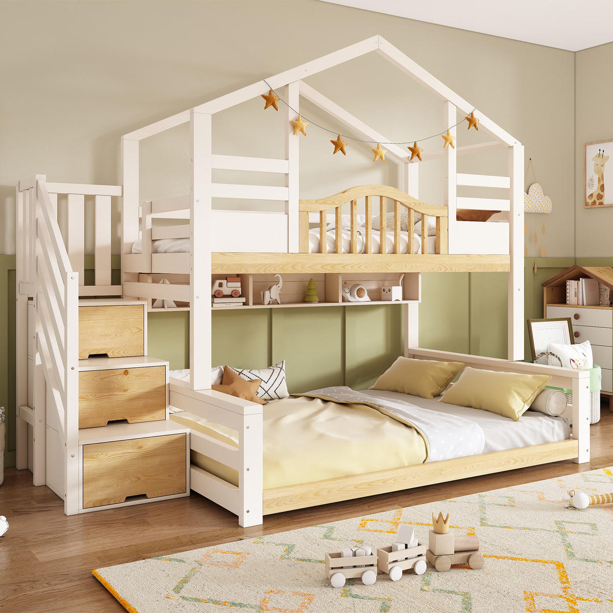 ETAGENBETT 90/200 cm & 140/200 cm in Weiß & Holzfarbe mit Treppenschrank und Regalen - Weiß, Holz/Holzwerkstoff (140/200cm) - WISHDOR