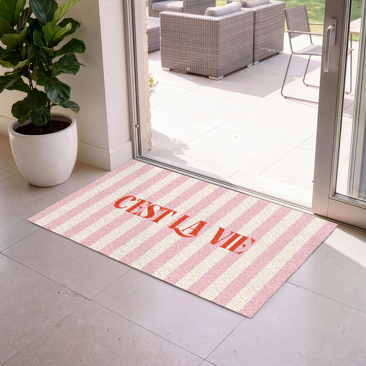 FUSSMATTE Zartrosa – Rot – Streifen – C'est La Vie 120x80 cm - Rosa, Kunststoff (120/0.4cm) - MuchoWow