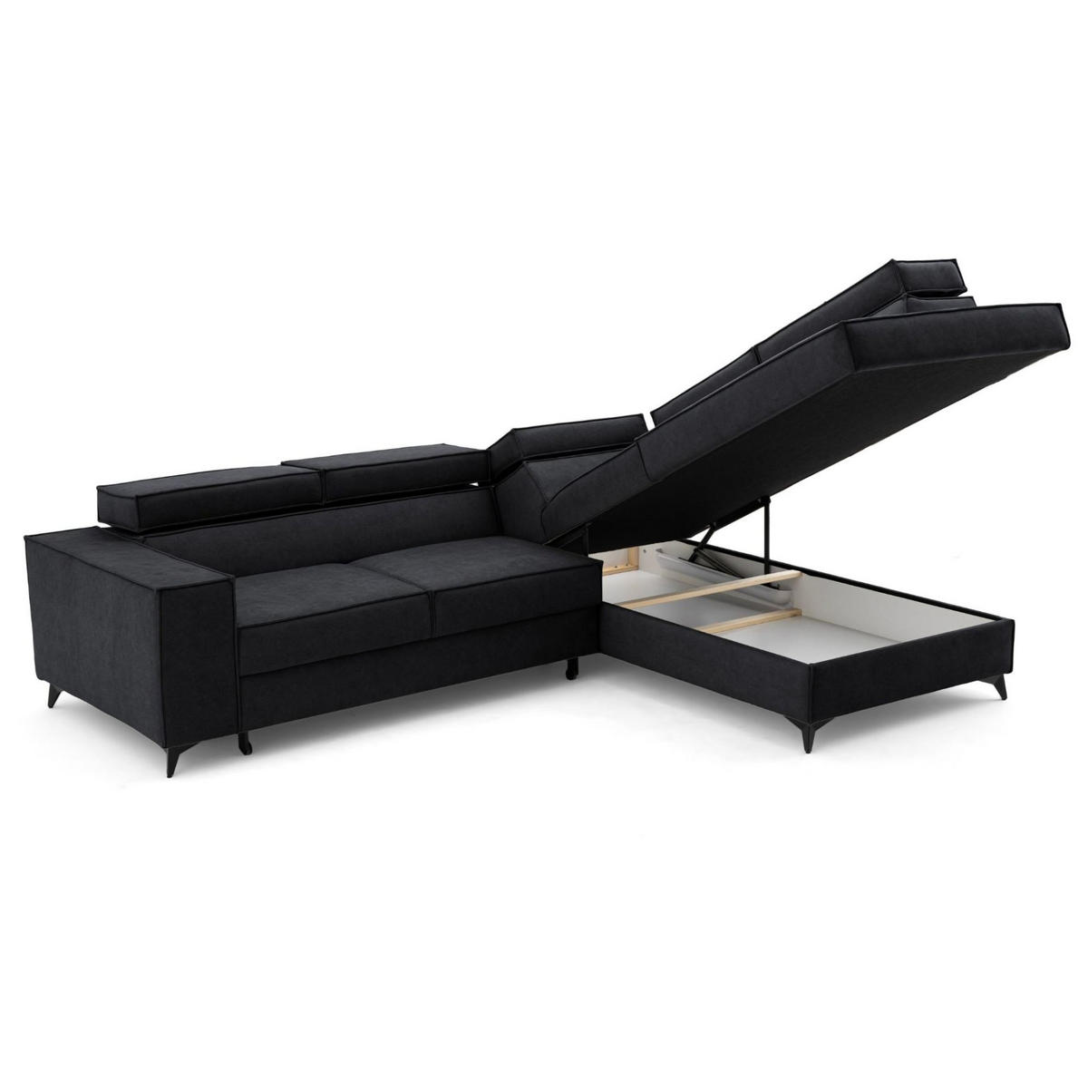 ECKSOFA PURE L Rechts mit Schlaffunktion 127x199 Velours Graphit - Graphitfarben/Schwarz, Holz/Textil (204/281cm) - Muffo