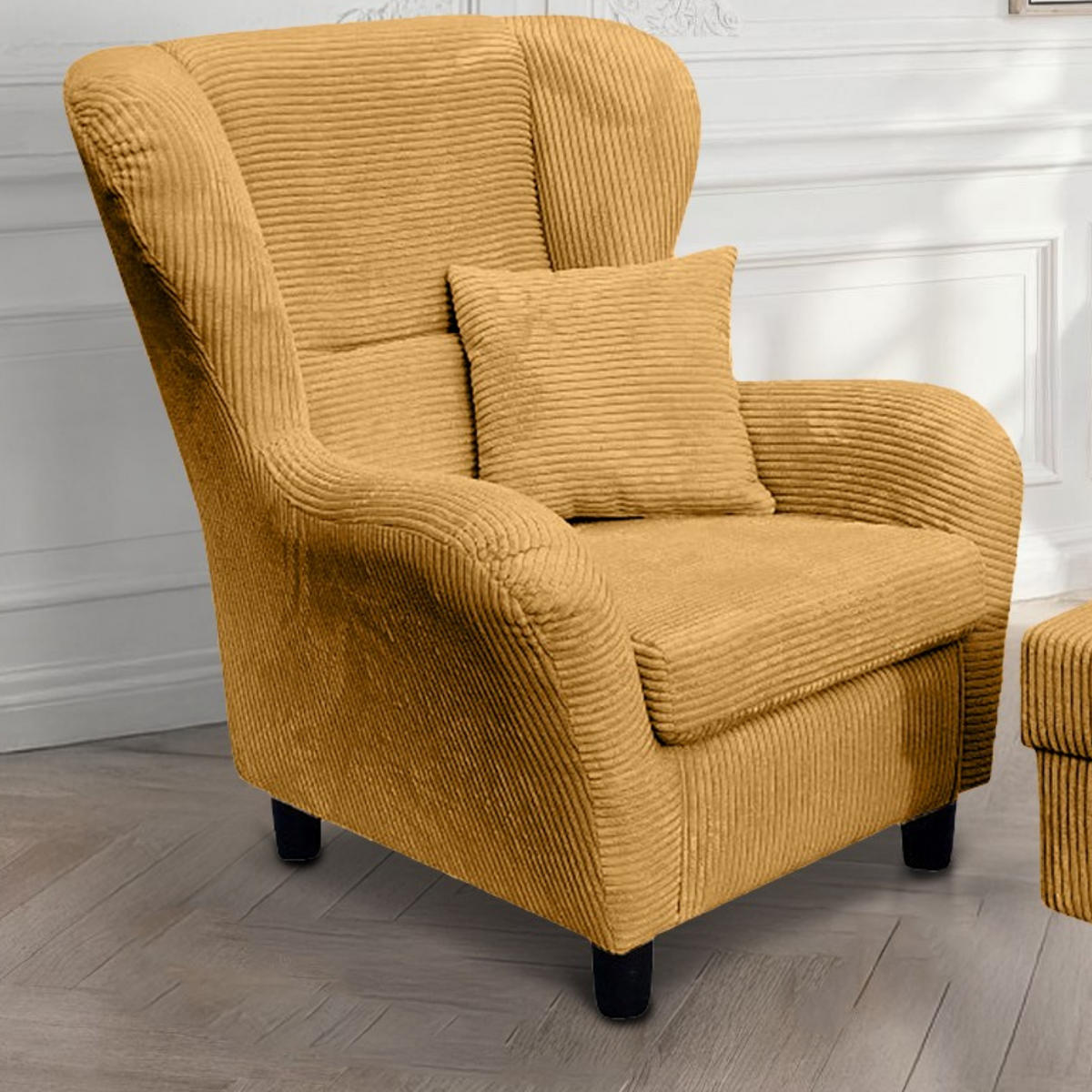 OHRENSESSEL mit HOCKER, hoher Sitzkomfort durch Wellenunterfederung B90/H98/T76 cm, Cord Gold Ockergelb / 18022 - Currygelb/Goldfarben, Holz/Textil (90/98/76cm) - luma-home