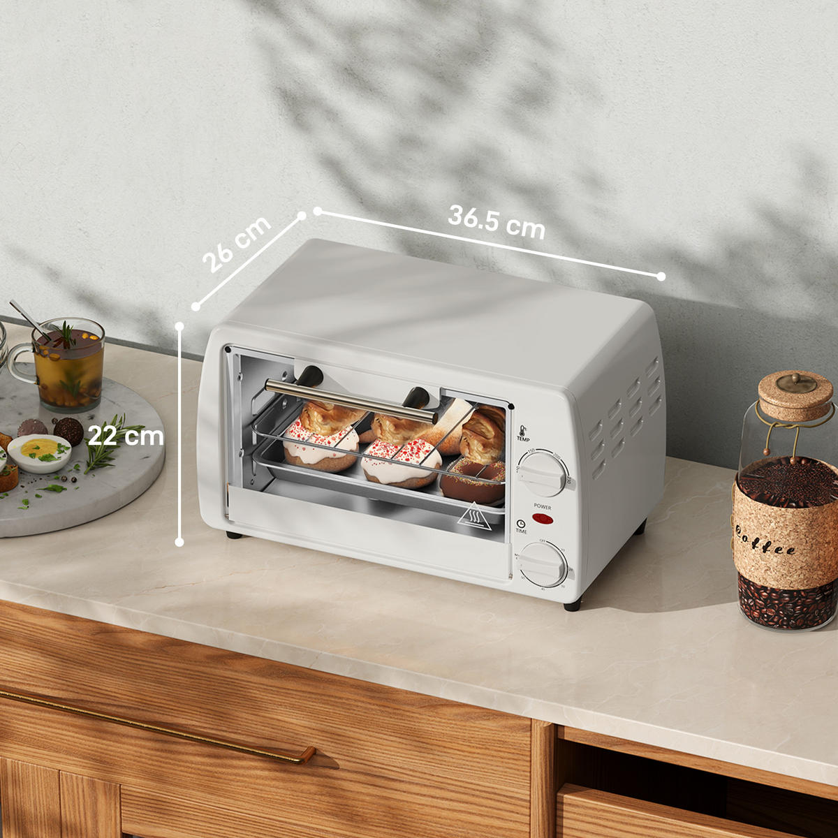 MINIBACKOFEN 10L 750W Kleiner Elektrobackofen mit Timer, Temperatur bis 230°C, Backblech & Grillrost, Cremeweiß - Beige, Metall (36.5/22/26cm) - Beaface