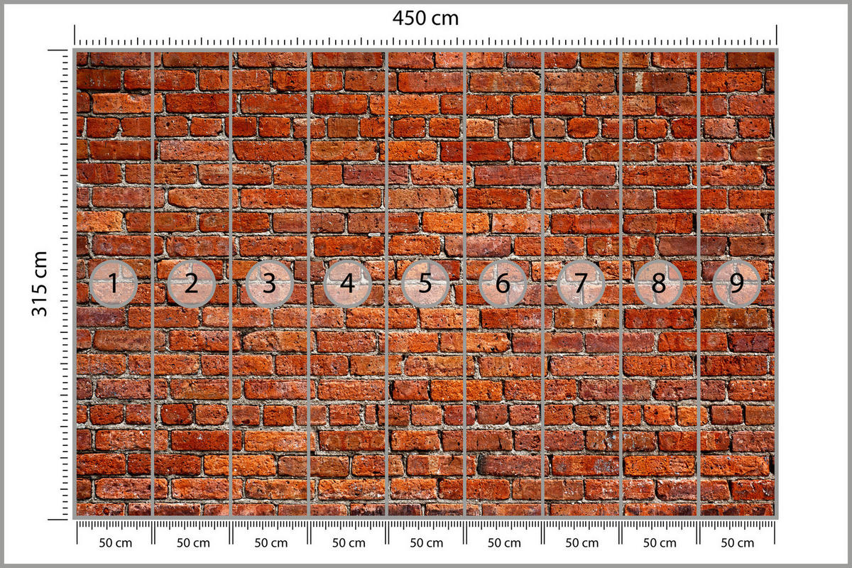 FOTOTAPETE für Wohnzimmer Backstein Ziegel 3D 450x315 - Rot/Orange, Papier (450/315cm) - Muralo