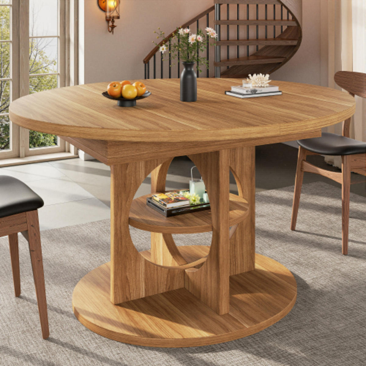 ESSTISCH Ausziehbarer 110-150×110×76 cm aus MDF und Metall mit mittlerem Ablageregal, naturfarben - Naturfarben, Holzwerkstoff (150/110/76cm) - Luhomfu