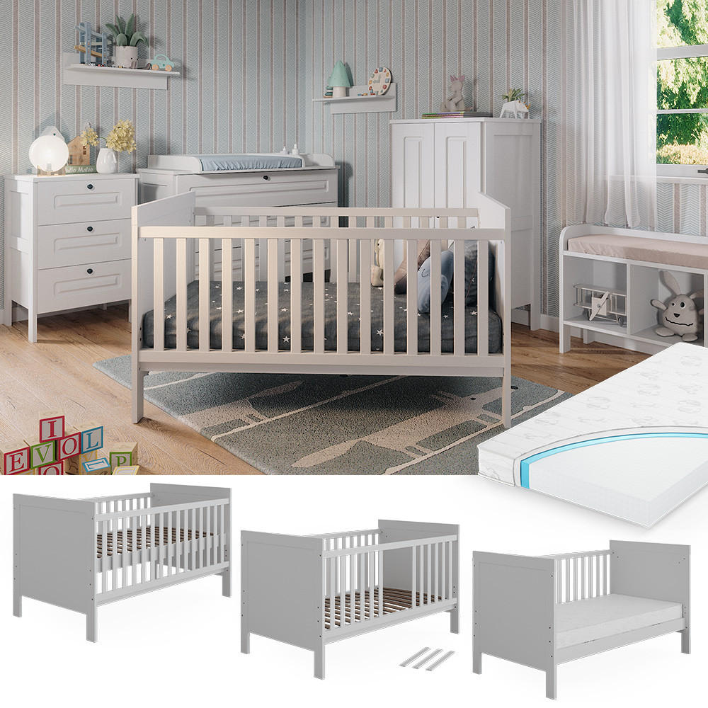 BABYBETT Ajaton Weiß 144.4 x 83 cm mit Matratze - Weiß, Holzwerkstoff (144.4/83/80.8cm) - VitaliSpa
