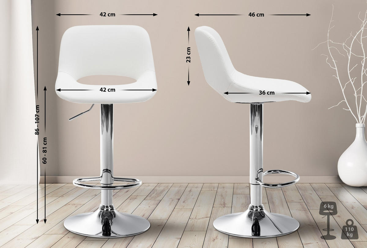 BARHOCKER 2er Set Lederlook weiß - Chromfarben/Weiß, Textil/Metall (42/86/46cm) - CLP