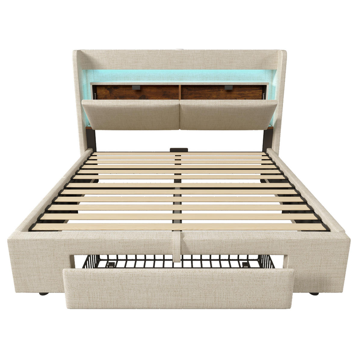 POLSTERBETT 140/200 cm beige aus Leinen mit LED USB-C Stauraum und Matratze - Beige, Textil (140/200cm) - OKWISH