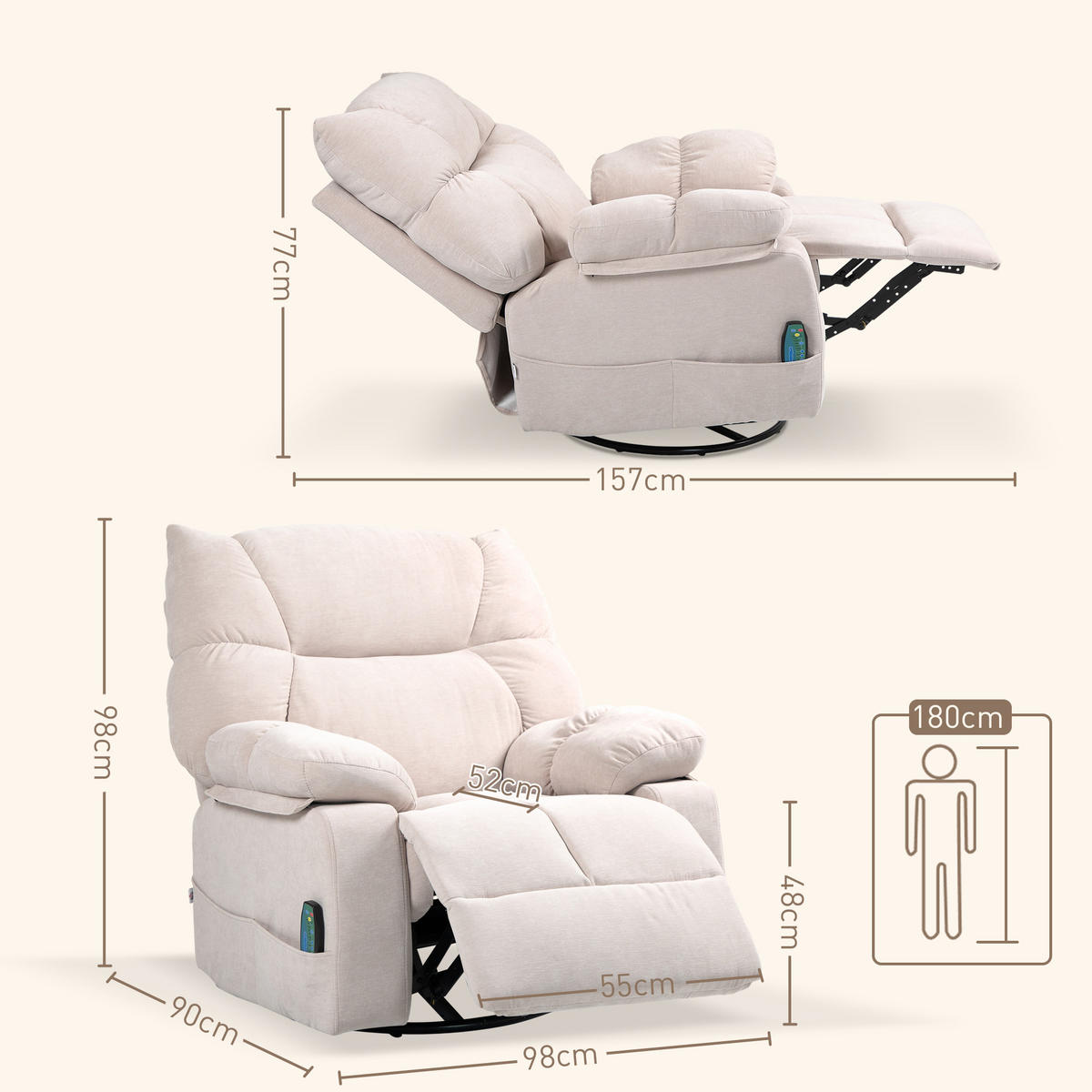 RELAXSESSEL mit Massagefunktion, Elektrisch Fernsehsessel mit Wärmfunktion - Beige/Schwarz, Textil/Metall (90/98/98cm) - HOMCOM