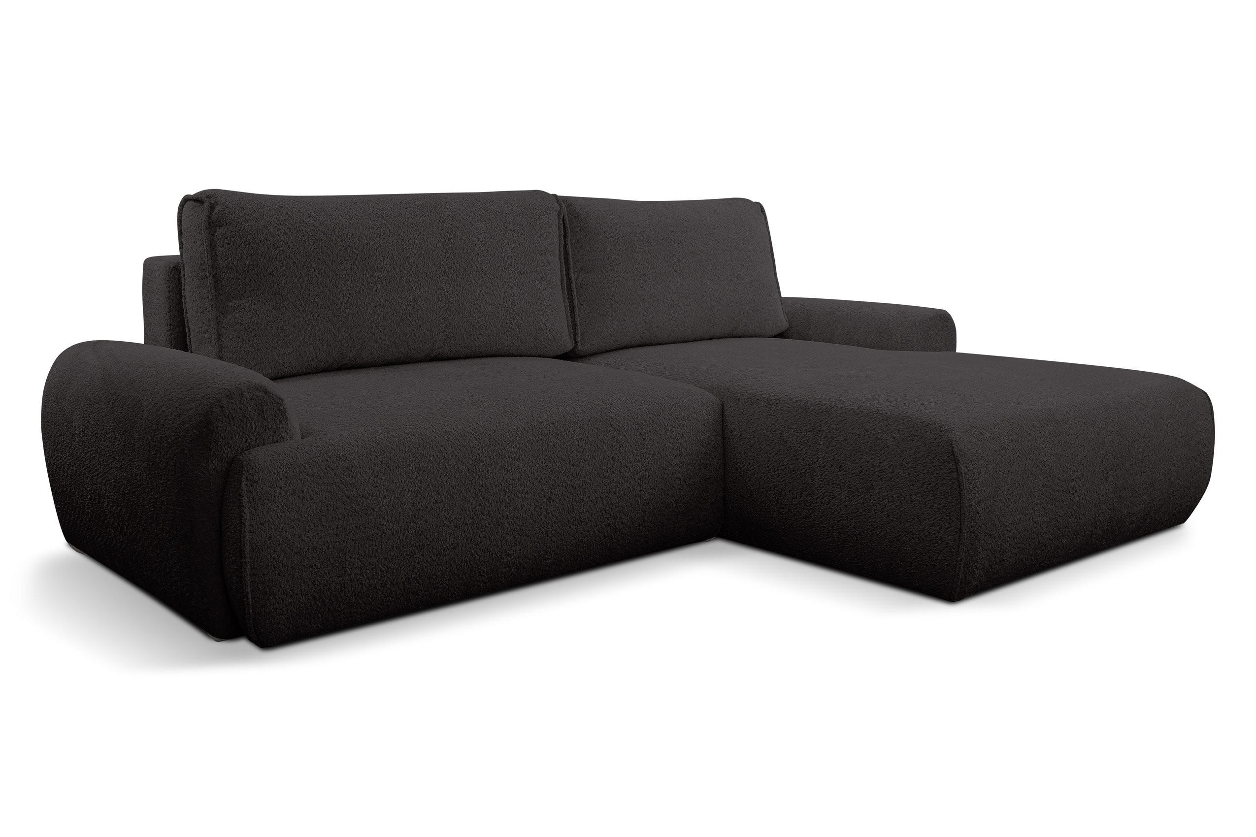 ECKSOFA Moon in L-Form mit Schlaffunktion und Bettkasten, Farbe: Schwarz, Bouclé-Stoff, Ottomane Rechts - Schwarz, Textil (260/136cm) - VENASI MÖBEL