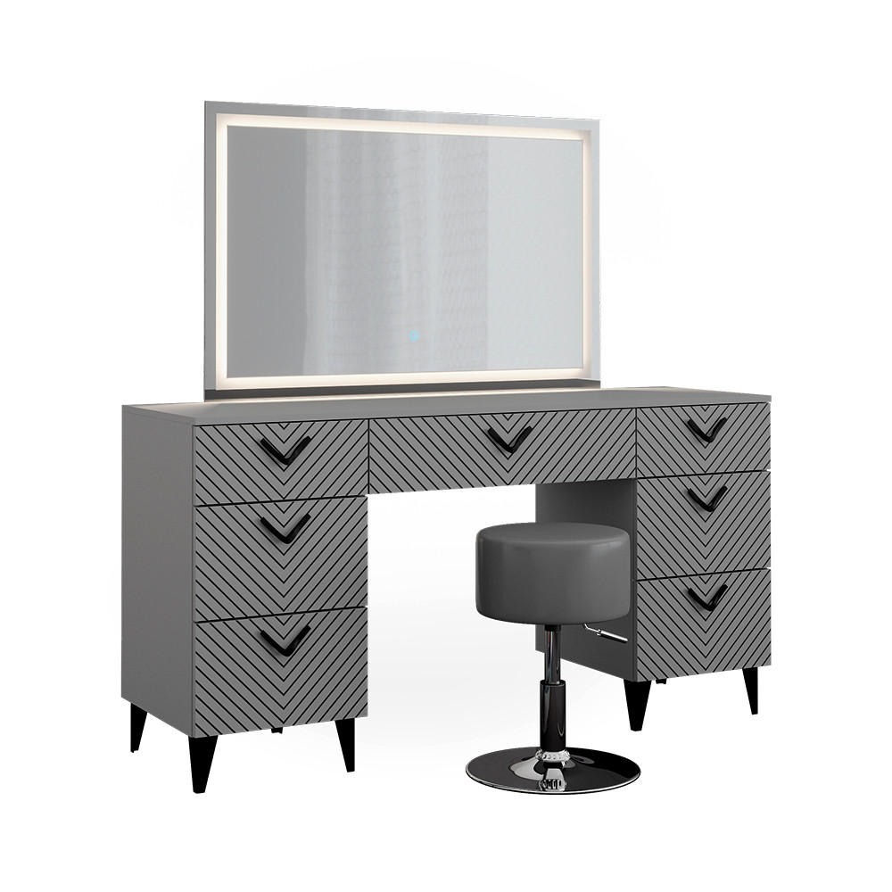 SCHMINKTISCH Anett Grau 150 cm mit LED Spiegel und Hocker - Grau, Holzwerkstoff (150/78.1/45cm) - Vicco