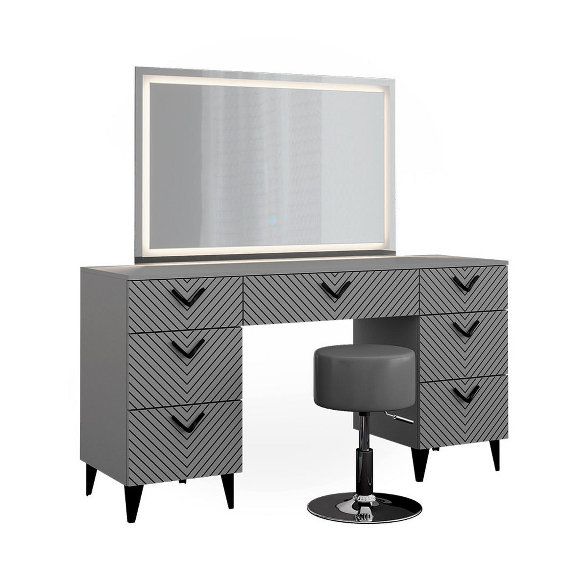 SCHMINKTISCH Anett Grau 150 cm mit LED Spiegel und Hocker - Grau, Holzwerkstoff (150/78.1/45cm) - Vicco