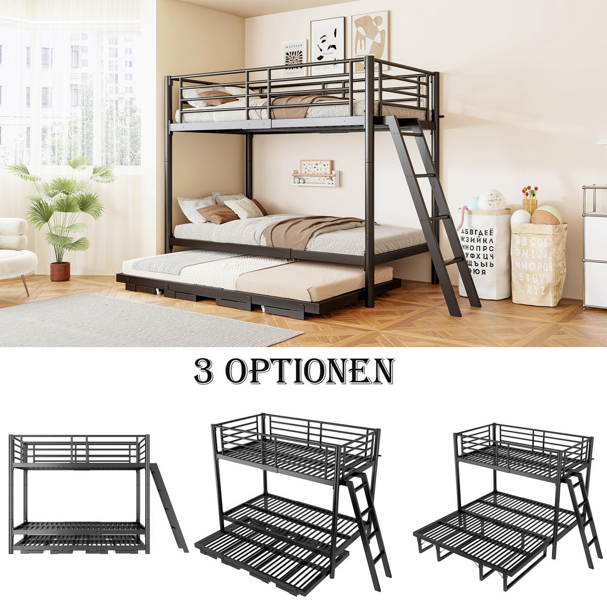 ETAGENBETT aus Metall 90x200 cm Schwarz mit ausziehbarem Unterbett - Schwarz, Metall (90/200cm) - Modfu
