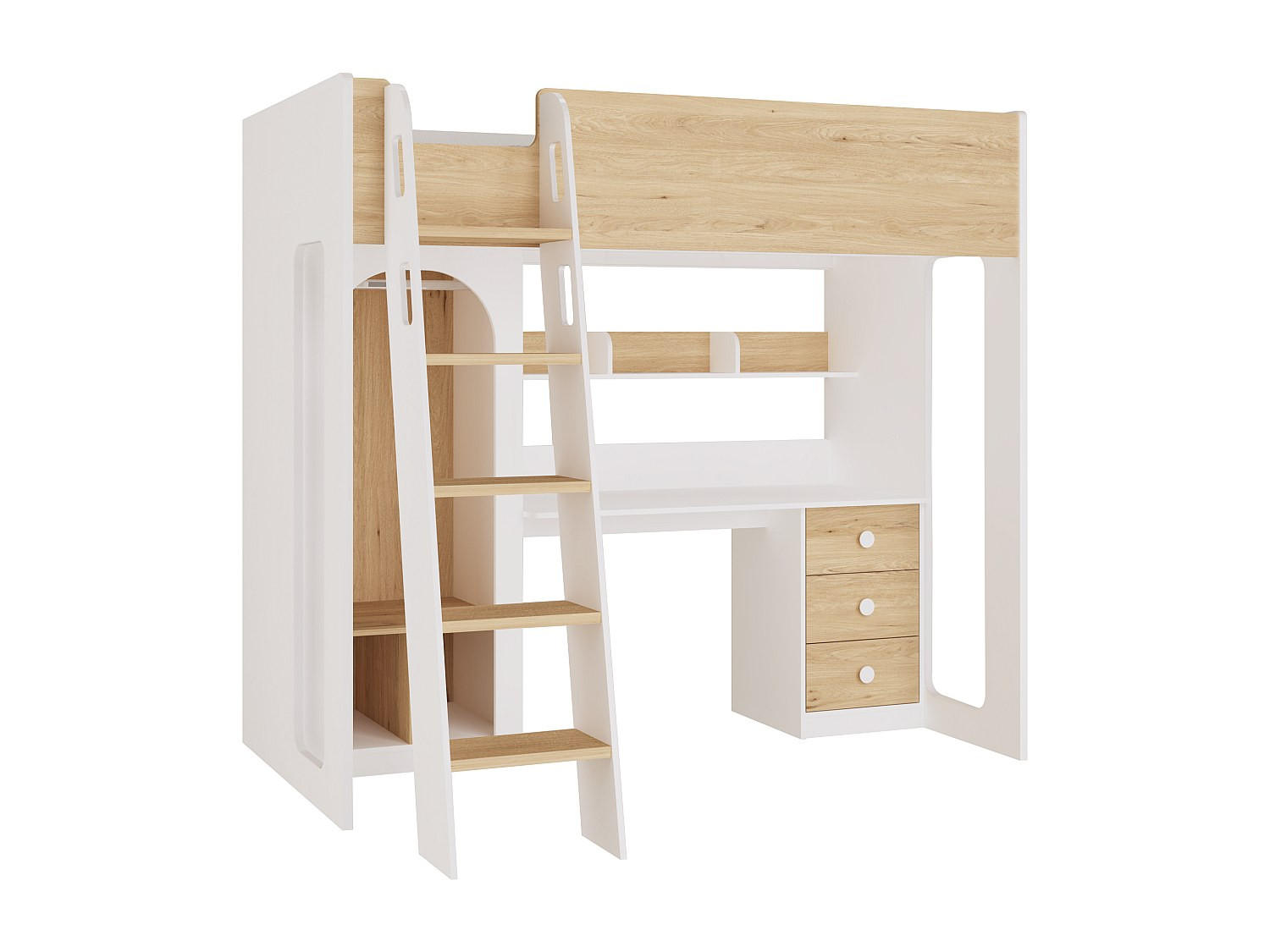 HOCHBETT 90 x 190 cm mit Kleiderschrank und Schreibtisch – Natur und Weiß - ALVENOU - Naturfarben, Holz - Vente-Unique