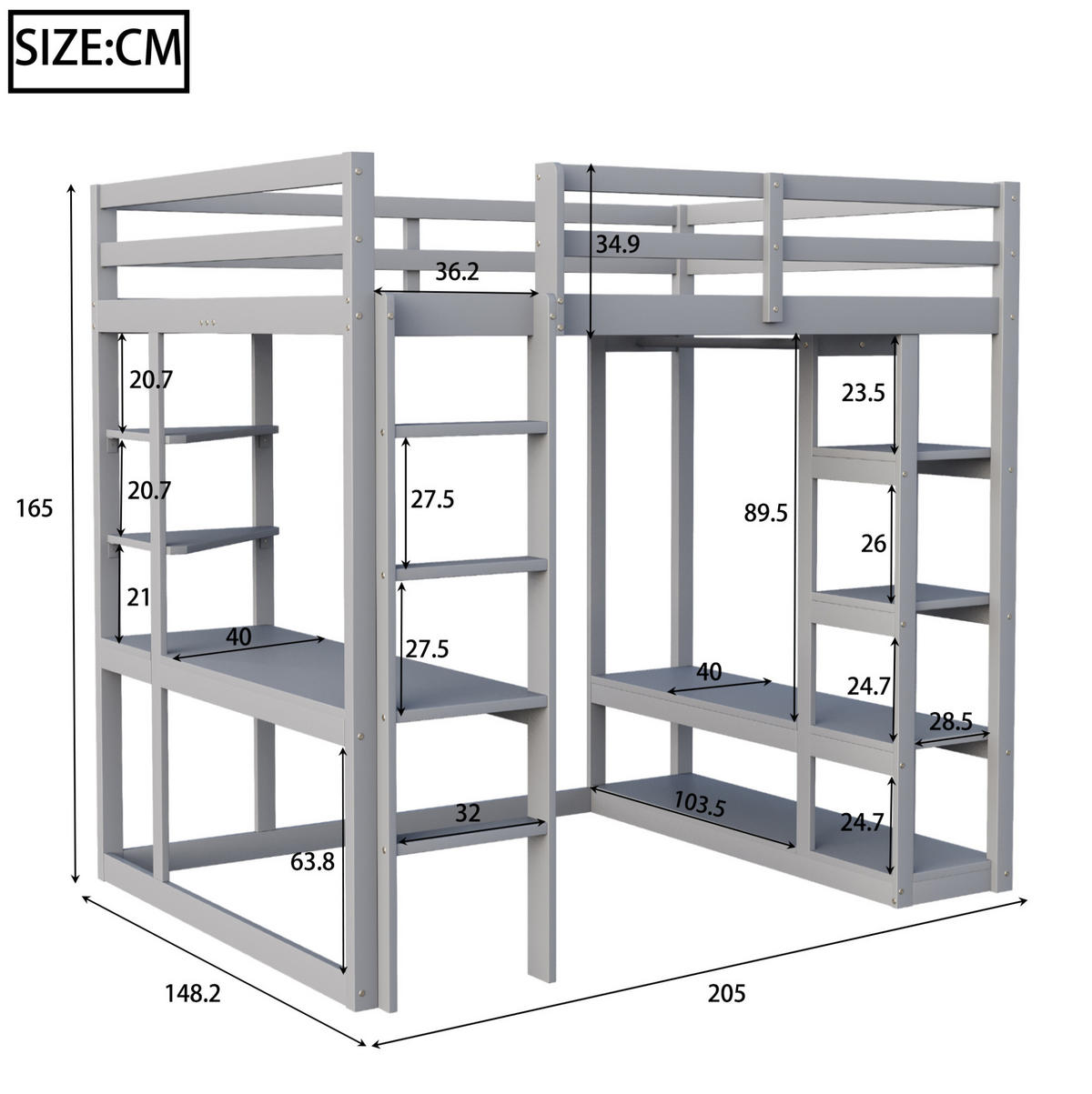 HOCHBETT aus Kiefernholz 140x200 cm Grau mit Schreibtisch, Regalen und Kleiderstange - Grau, Holzwerkstoff (140/200cm) - IVMEU