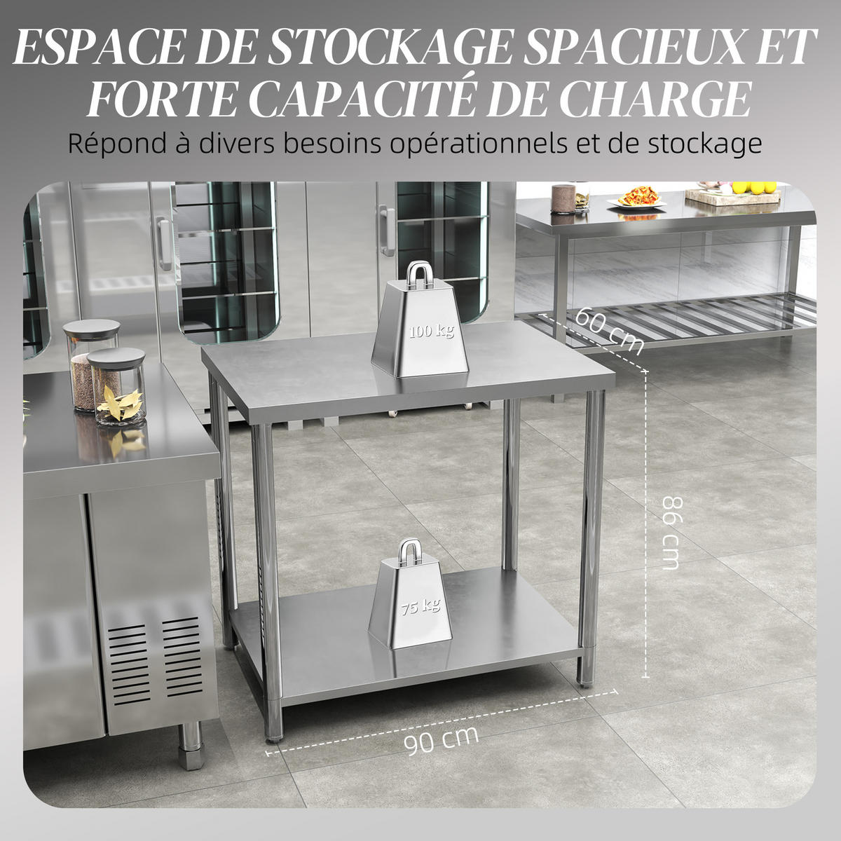 WERKBANK DE-18994 Edelstahl, 2 Ablagen, 90x60 cm Silber - Silberfarben, Metall (60/86/90cm) - ComfortXL