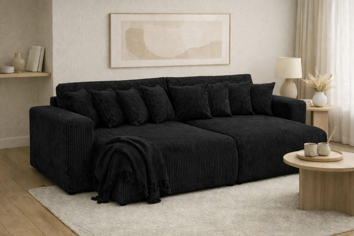 SCHLAFSOFA, Cordstoff Poso, Schwarz, PIANO DOUBLE - Schwarz, Holz (246/83/145cm) - Kaiser Möbel