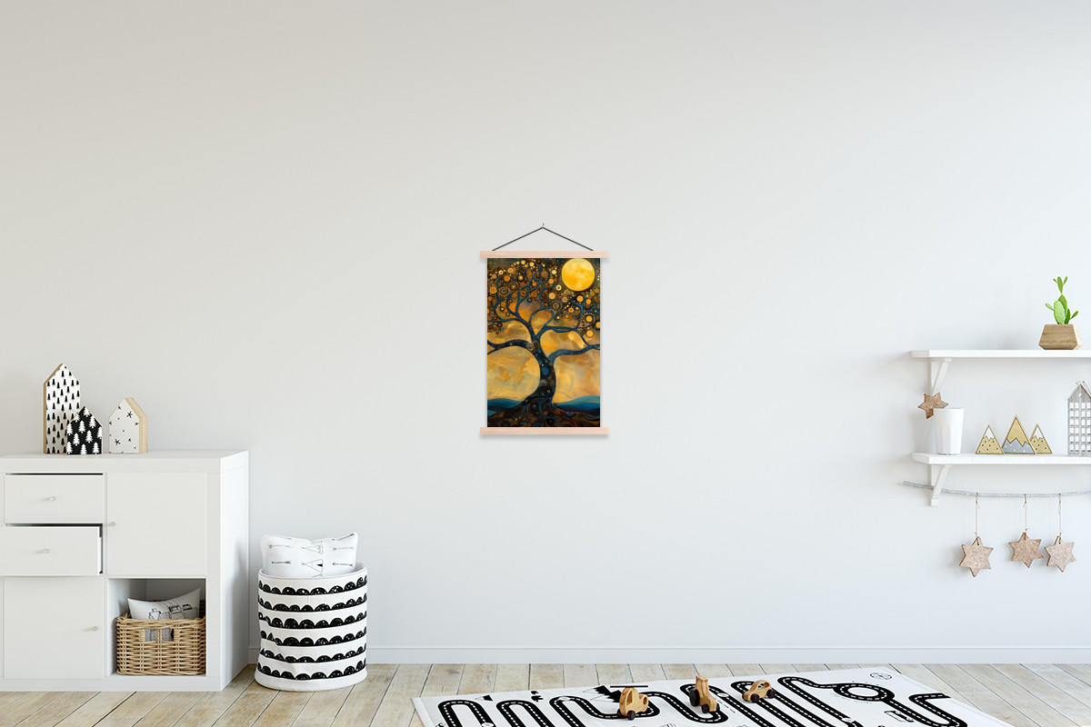 POSTER Baum - Mond - Blumen - Gold - Kunst 40x60 cm - Orange, Textil (40/60/0.15cm) - MuchoWow
