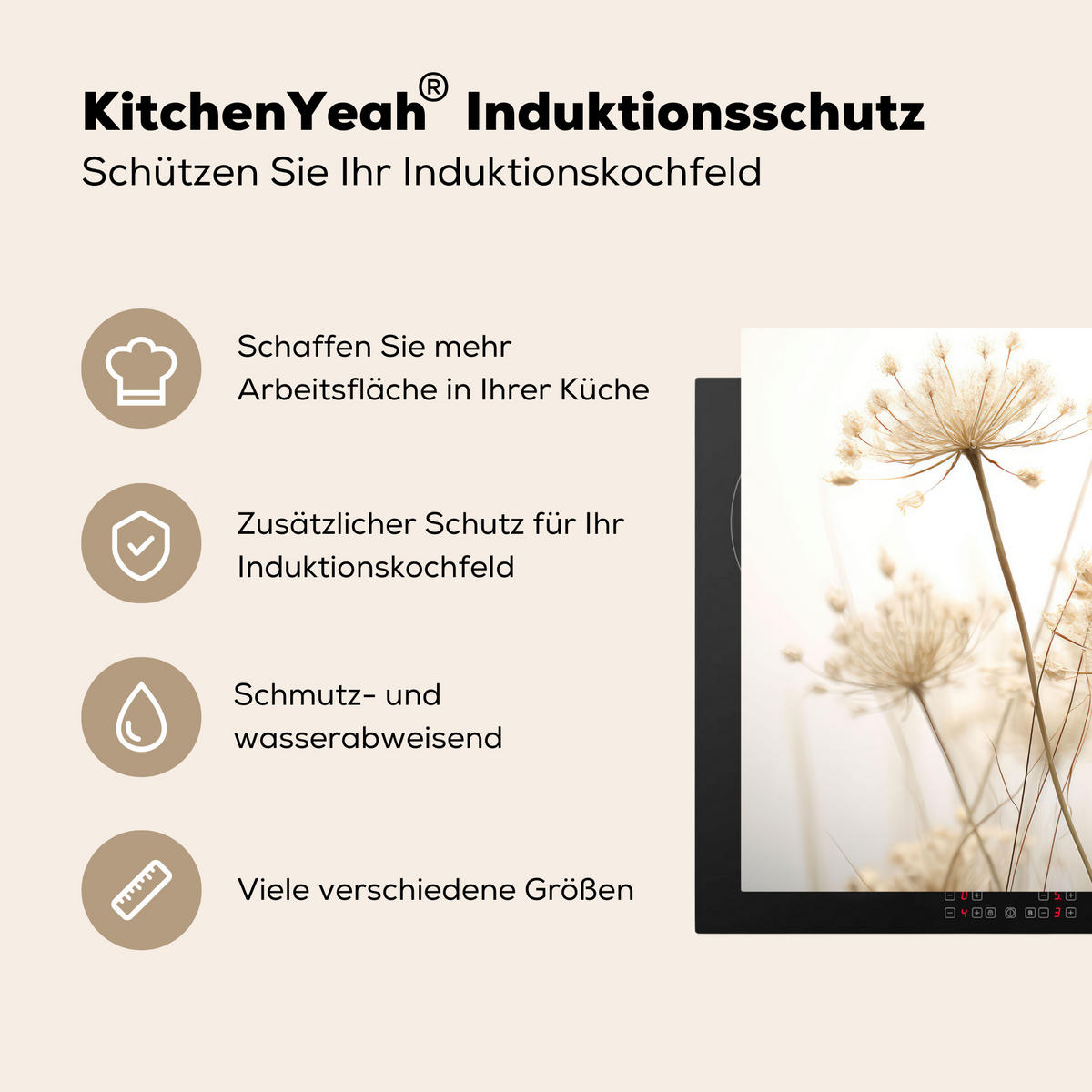 HERDABDECKPLATTE Blumen - Weiß - Sonnenlicht Induktionsmatte 71x52 cm - Ecru, Kunststoff (71/52/0.2cm) - MuchoWow