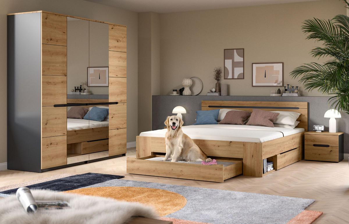 SCHLAFZIMMER Set 4-teilig Eiche Artisan, grau, Komplettset mit Kleiderschrank, Bett und 2x Nachttisch - Eiche Artisan/Grau, Glas/Holzwerkstoff - Inn.Furn