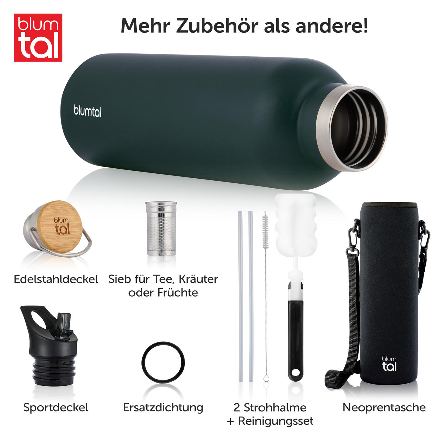 TRINKFLASCHE Leni 750 ml, inkl. Teesieb und Sportdeckel - Dunkelgrün, Metall (0.75L) - Blumtal