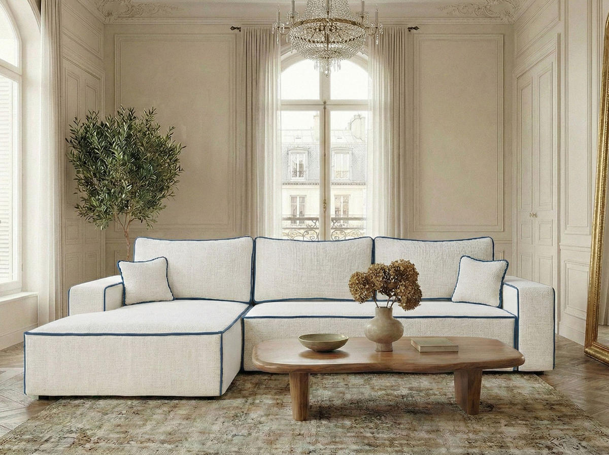 ECKSOFA MIT SCHLAFFUNKTION Modo Ecru-Dunkelblau Chenille-Stoff - Links Seite - Ecru/Schwarz, Holz/Holzwerkstoff (185/294cm) - Maison de Reve