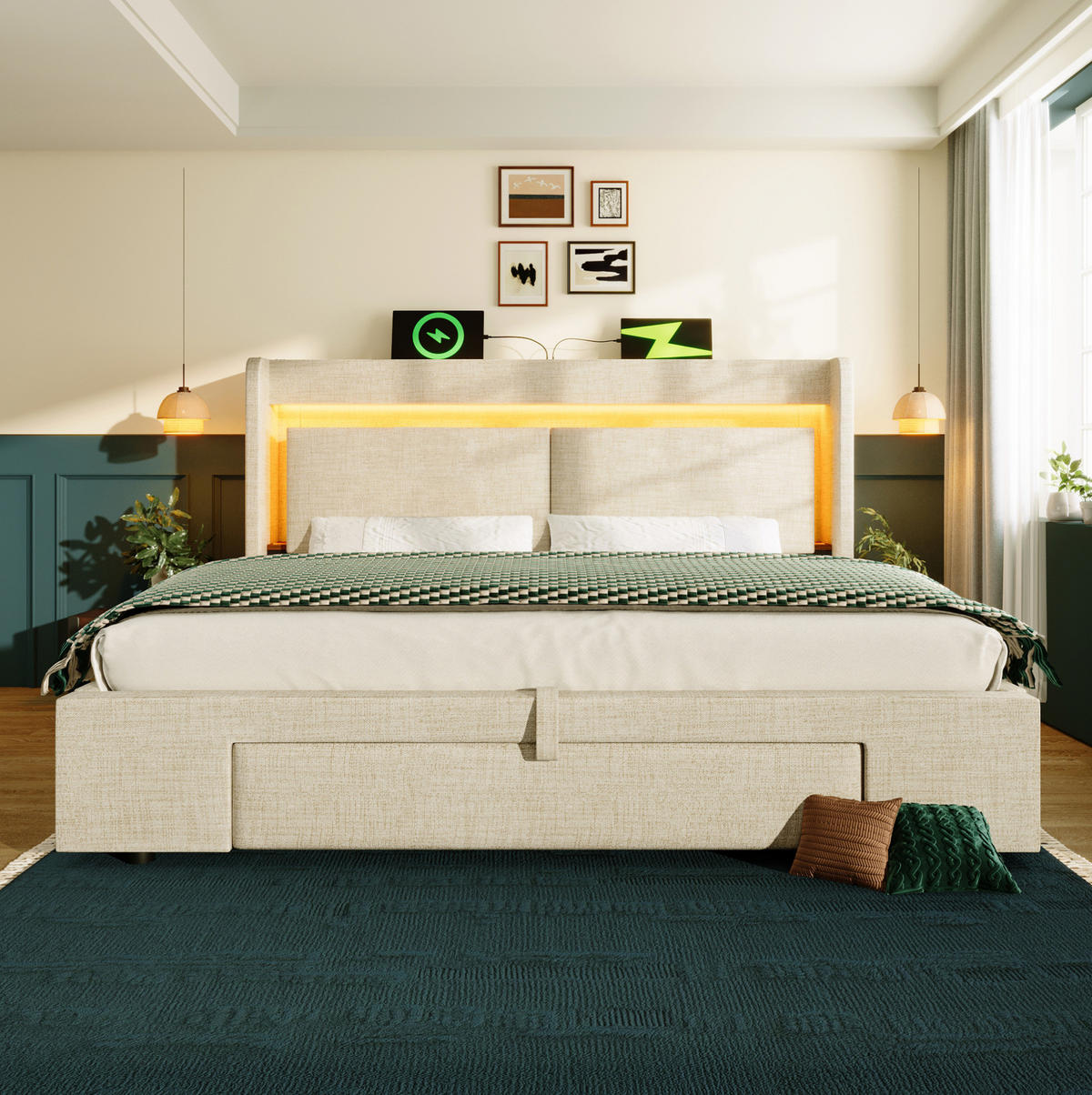 BETT mit Stauraum 140x200 cm Beige Leinen mit LED - Beige, Metall (140/200cm) - Meubliv