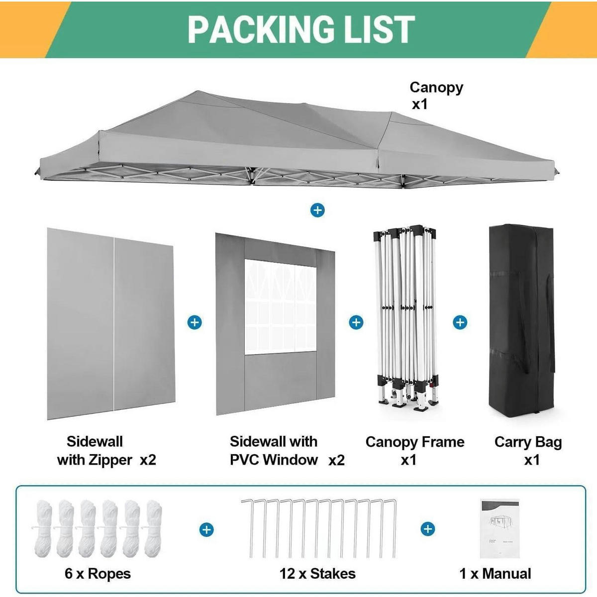 FALTPAVILLON 3 x 6 m Grau mit 6 Seitenteilen - Grau, Textil (300/275/600cm)