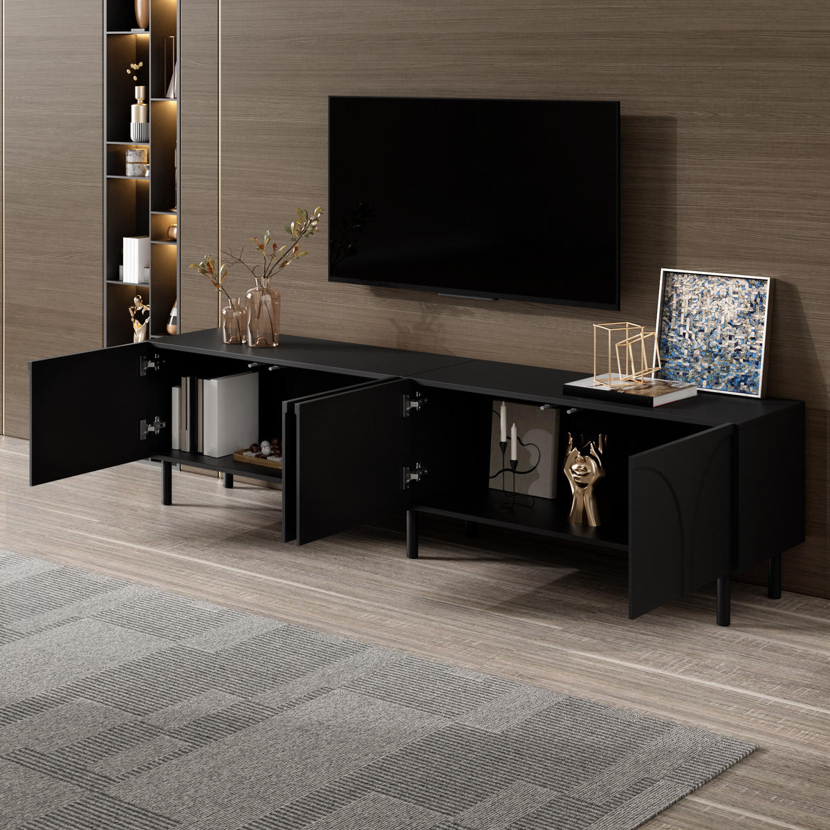 TV-SCHRANK Lowboard 4 Türen Metallfüße modern Stauraum - Schwarz, Holzwerkstoff (35/49/180cm) - FLIEKS