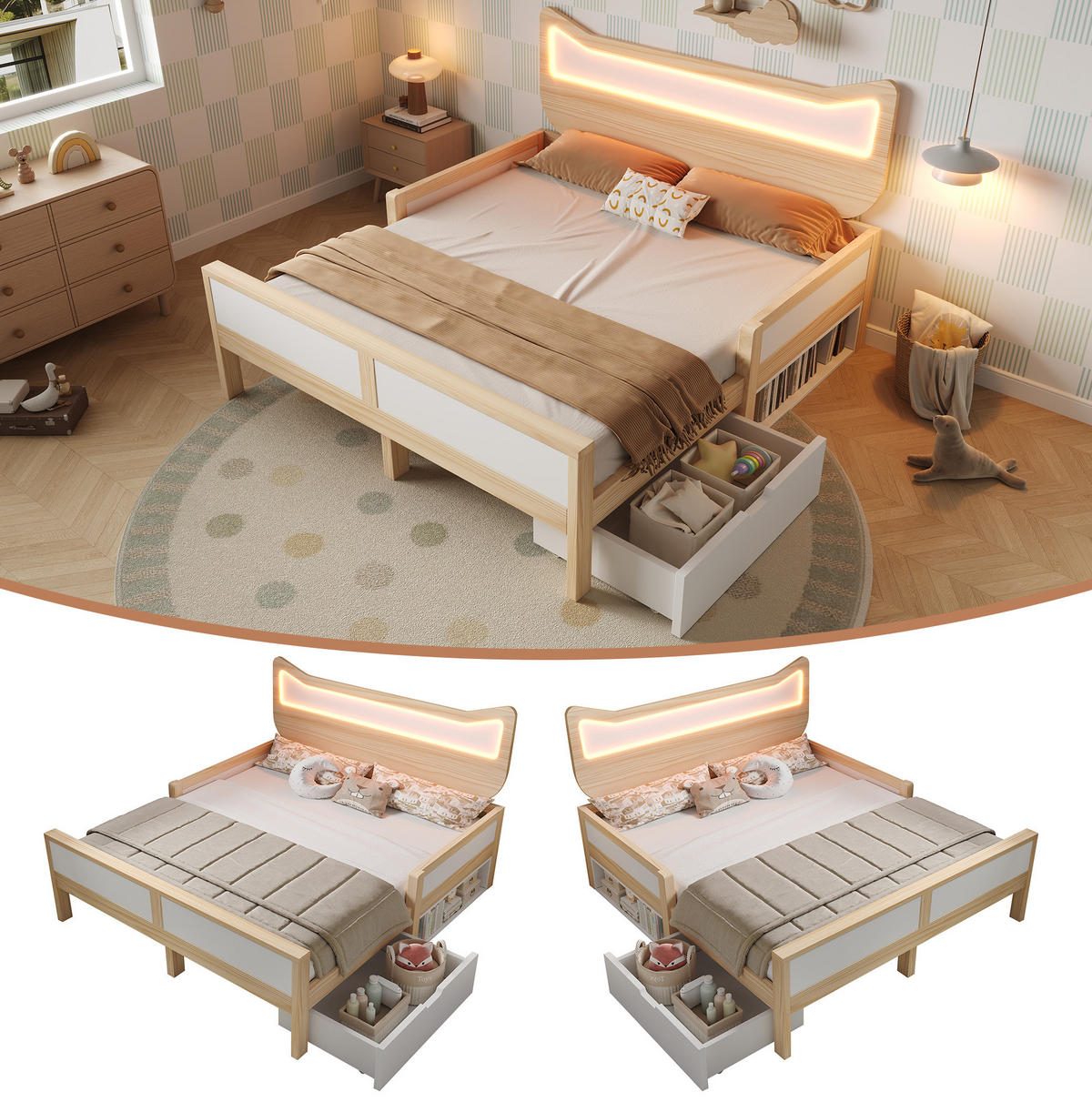 KINDERBETT 140/200 cm mit RGB-LED, Katzenkopfteil, Schublade, Staufach und Schutzgitter, Weiß/Eiche - Weiß, Holzwerkstoff (140/200cm) - Redom