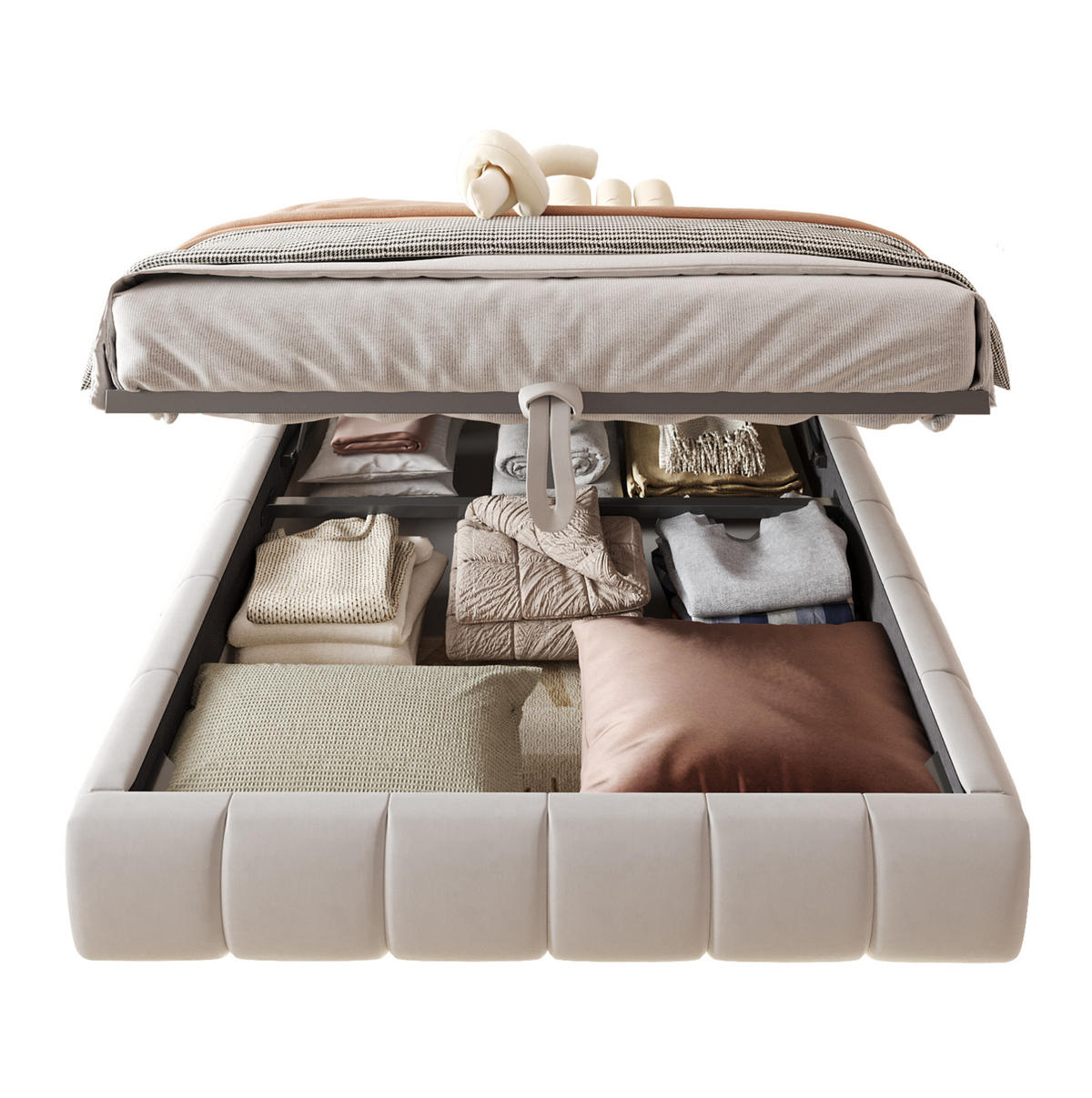 POLSTERBETT 140/200 cm Beige ohne Kopfteil mit LED-Lichtleiste und hydraulischem Stauraum - Beige, Textil (140/200cm) - OKWISH
