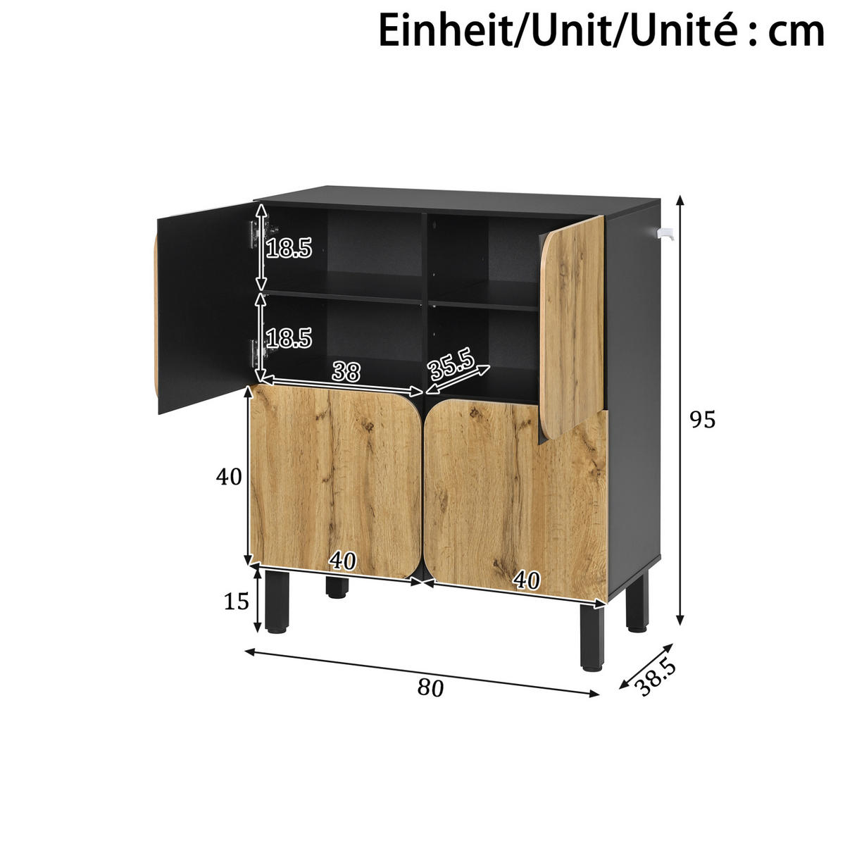 SCHUHSCHRANK 80/38,5/95 cm mit 4 Türen, verstellbaren Einlegeböden und Soft-Close, Schwarz/Natur - Schwarz, Holzwerkstoff (80/95/38.5cm) - Redom