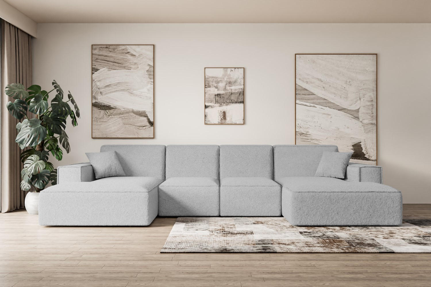 WOHNLANDSCHAFT SIERRA-U - 344x165x73 cm Hellgrau Bouclé - Hellgrau/Schwarz, Holzwerkstoff/Kunststoff (344/73/165cm) - ALTDECOR