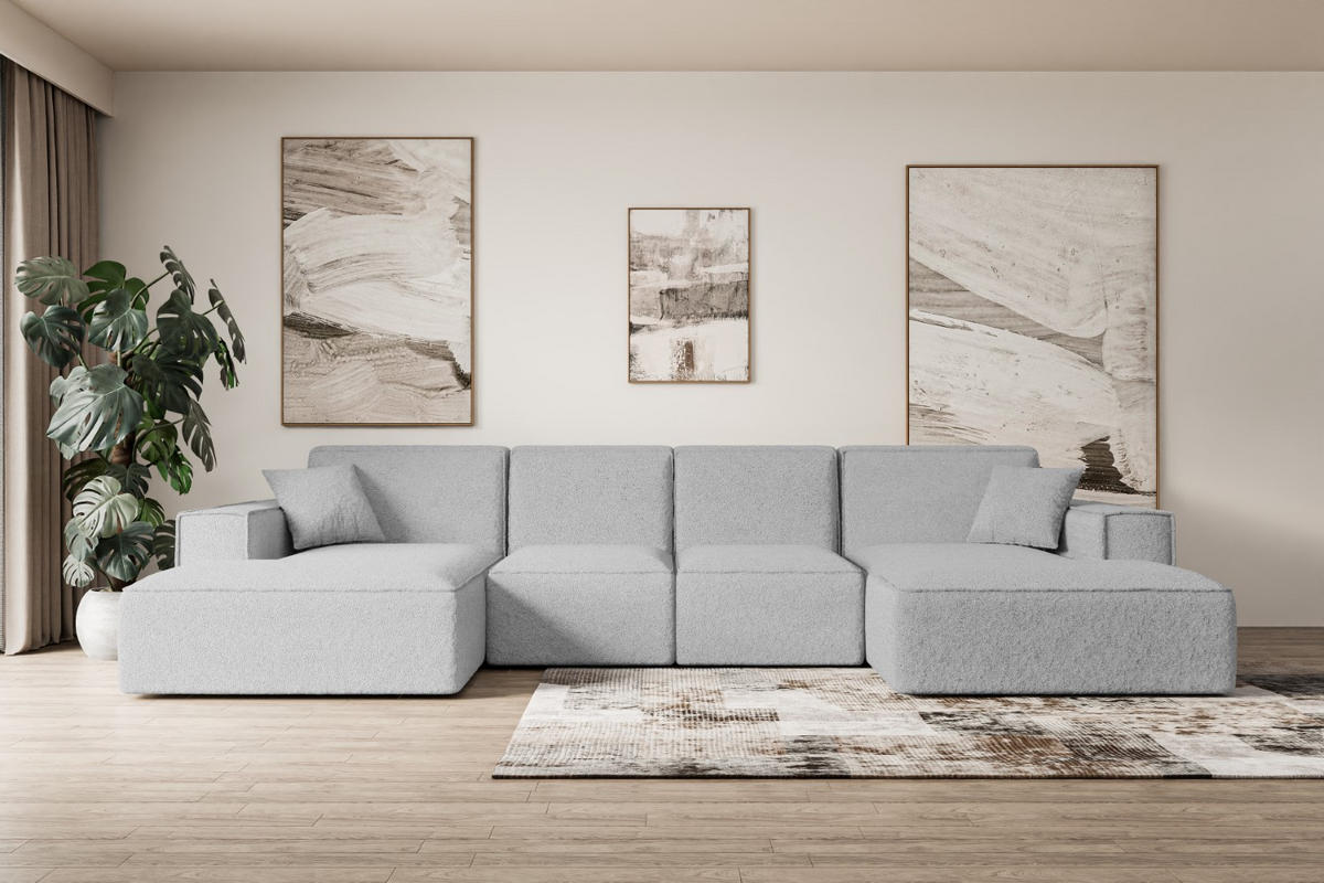 WOHNLANDSCHAFT SIERRA-U - 344x165x73 cm Hellgrau Bouclé - Hellgrau/Schwarz, Holzwerkstoff/Kunststoff (344/73/165cm) - ALTDECOR