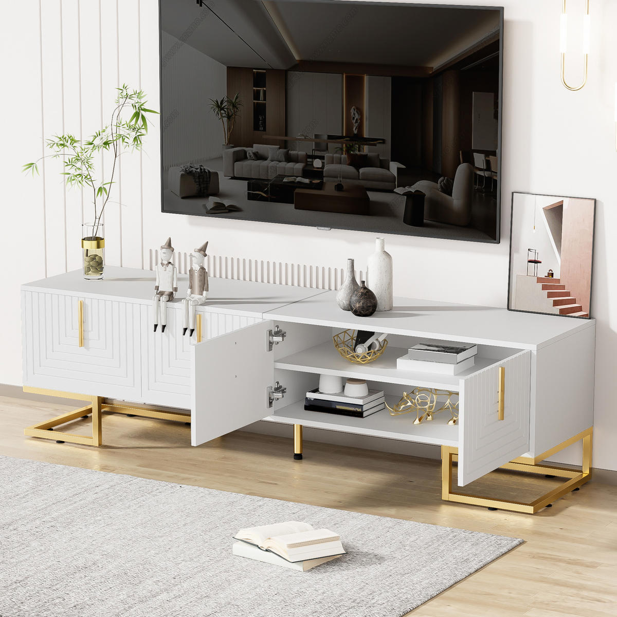 TV-SCHRANK 170 cm Weiß mit 4 Türen und goldfarbenen Beinen - Weiß, Holzwerkstoff (40/45.5/170cm) - Beauniv