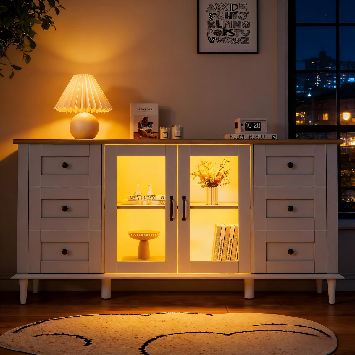 SIDEBOARD LED Weiß Holz 2 Türen 6 Schubladen 150x40x75cm Acryl - Weiß, Holzwerkstoff (40/75/150cm) - FLIEKS