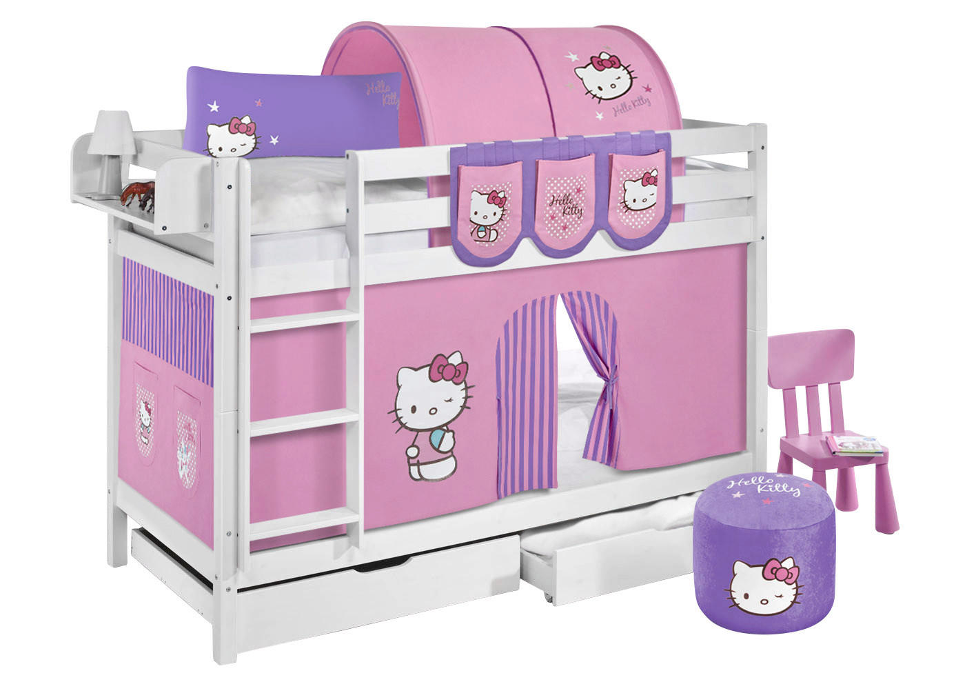 ETAGENBETT JELLE 90x190 cm Hello Kitty lila - Hochbett - inkl. Vorhang und 2 Lattenrosten - Weiß, Holz - Lilokids