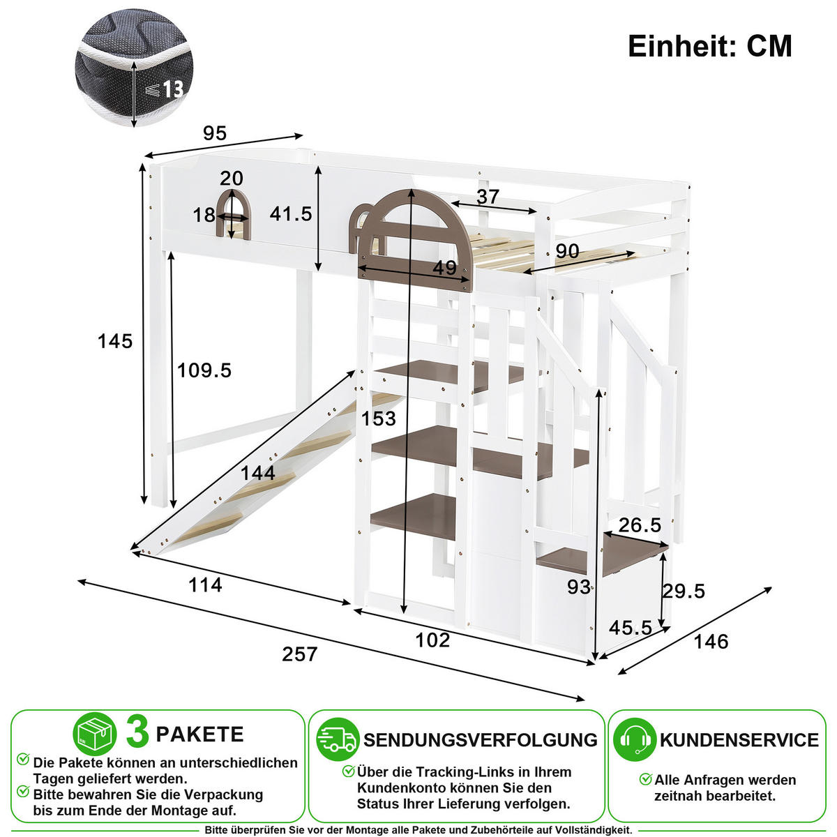 ETAGENBETT 90/200 cm in Weiß mit Rutsche, Stauraumtreppe und Fenstern - Weiß, Holz/Holzwerkstoff (90/200cm) - CHICFURN