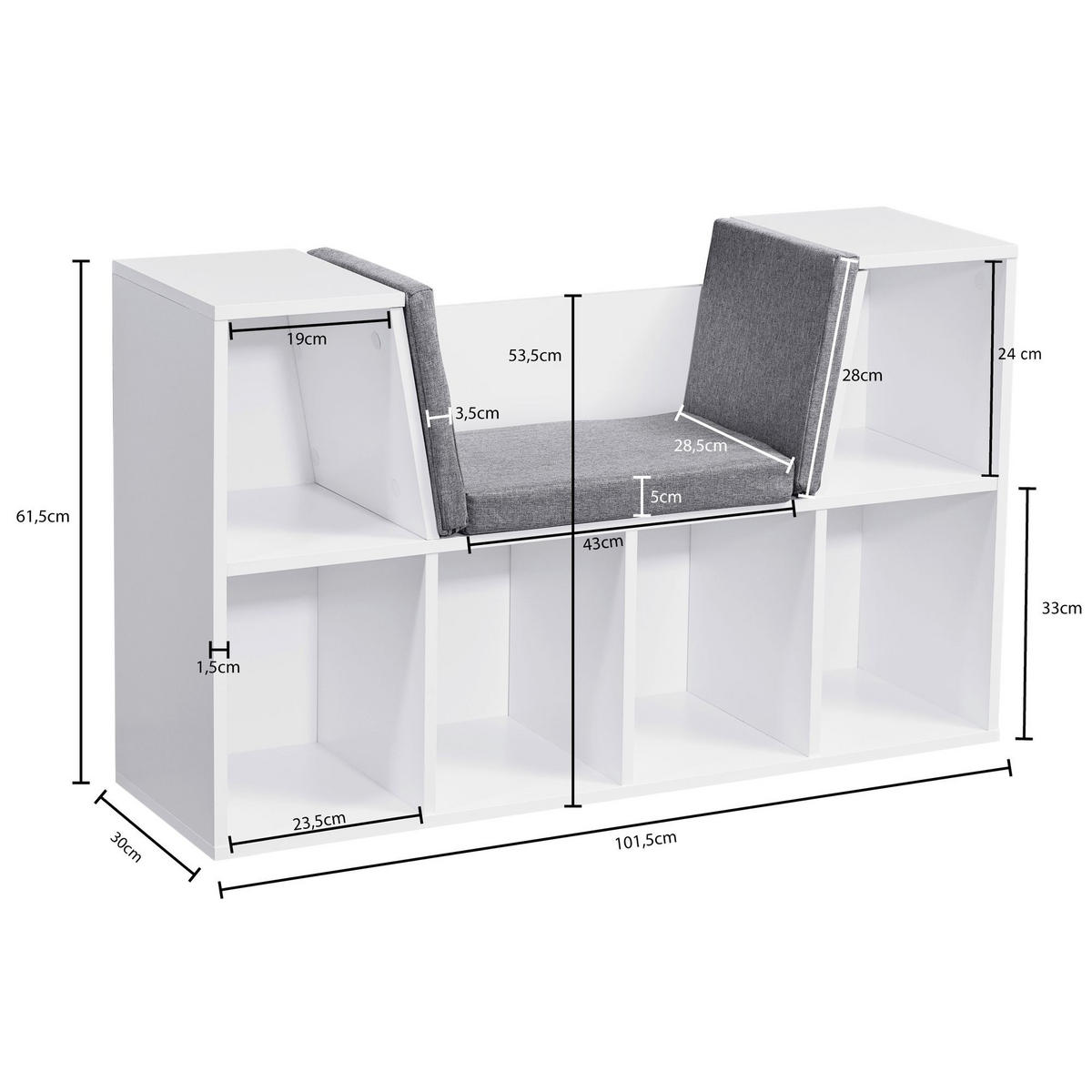 SCHUHBANK – Weiß matt, 101,5x61,5x30 cm, Sitzfläche Grau, 6 Fächer - Weiß/Grau, Holz/Textil (102/62/30cm) - KADIMA DESIGN