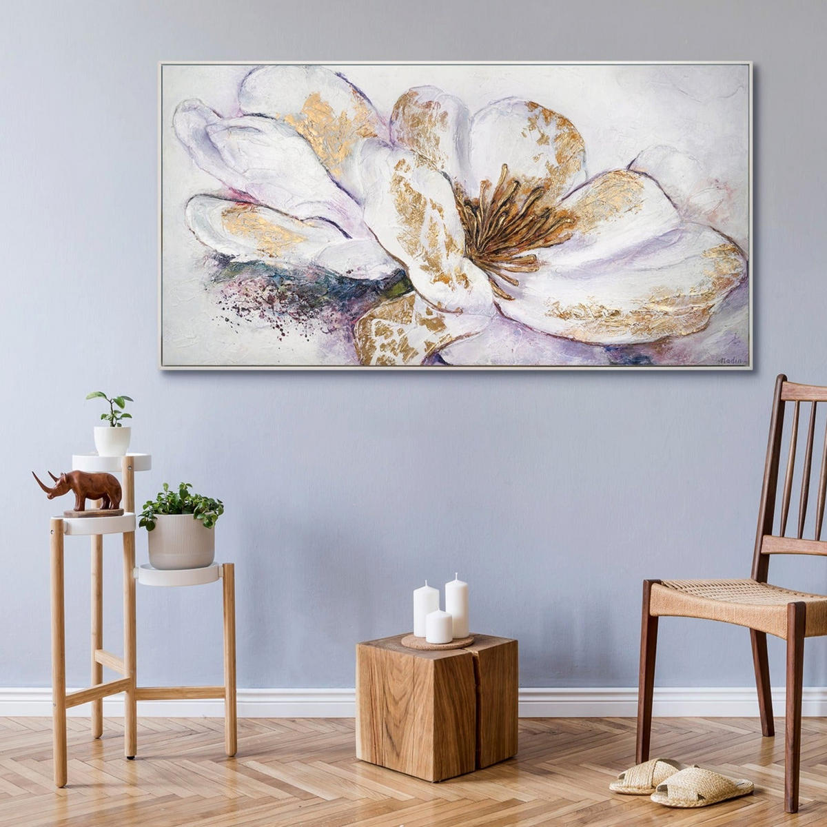 GEMÄLDE Goldene Pfingstrose Schattenfugenrahmen Weiß 200x100 cm - Weiß, Holz (200/100cm) - YS-art gallery