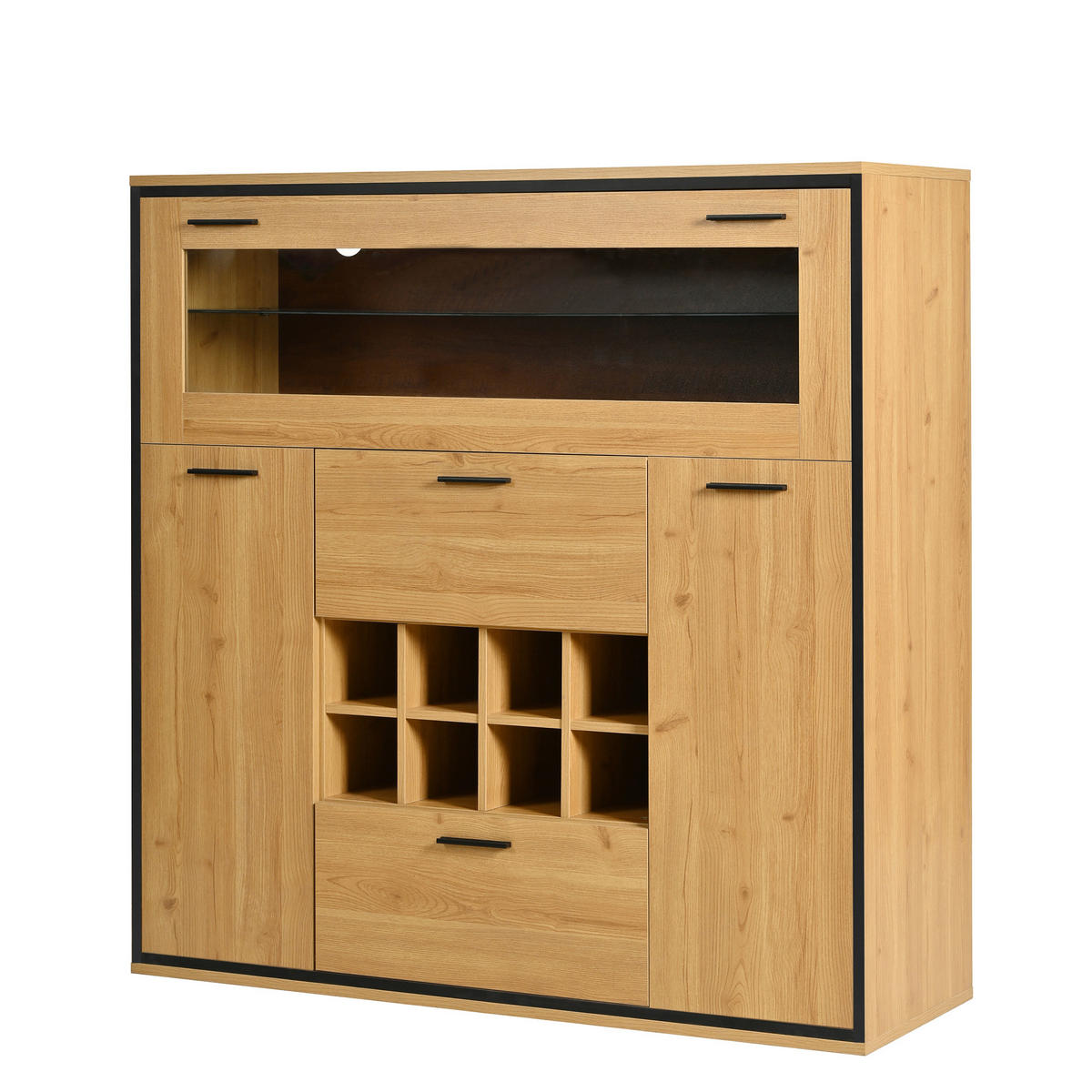 SIDEBOARD 110/38/111 cm in Holzfarbe aus Spanplatte mit Weinhalterung und LED-Beleuchtung - Schwarz/Naturfarben, Glas/Holzwerkstoff (110/111/38cm) - CHICFURN