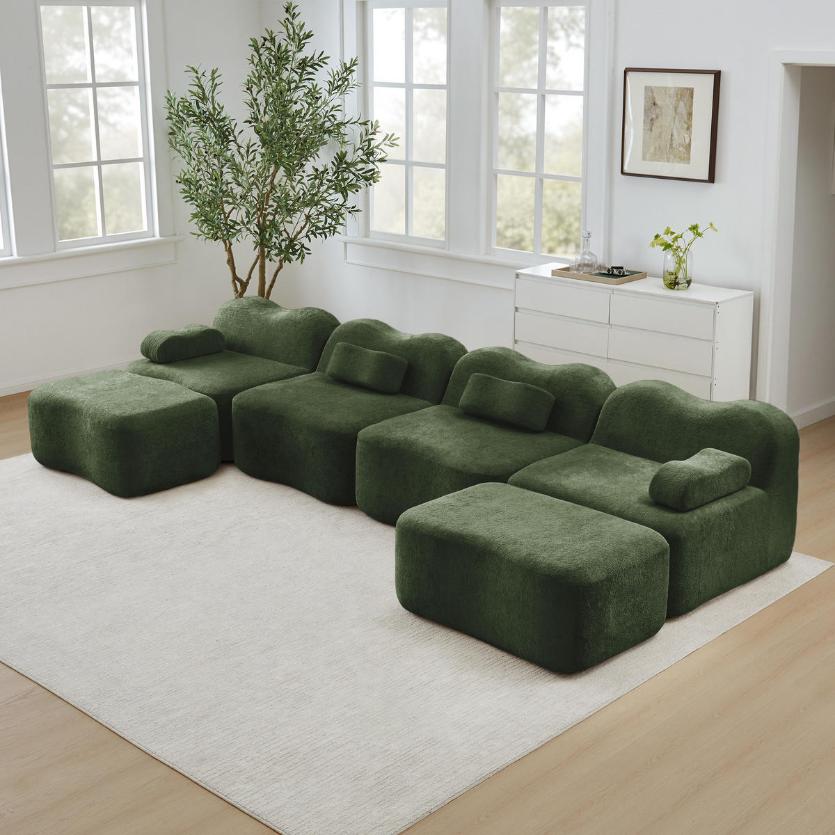 WOHNLANDSCHAFT Samt Grün mit 2 Hocker - Grün, Textil (384/70/167cm) - WISHDOR