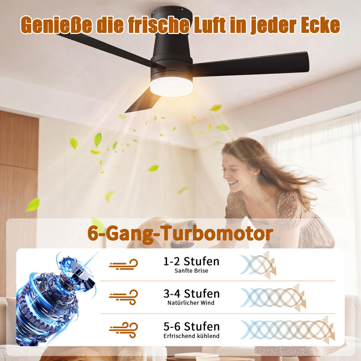 DECKENVENTILATOR mit LED-Licht, 106.6 cm, Weiß, 6 Stufen & Timer - Schwarz, Metall (106.6/106.6/29cm) - EuroLiving