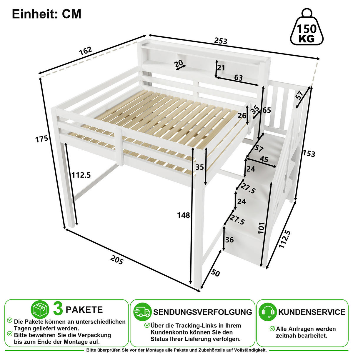 VYVÝŠENÁ POSTEL 140/200 cm v bílé barvě s LED osvětlením a úložnými schody - bílá, dřevo/kompozitní dřevo (140/200cm) - CHICFURN