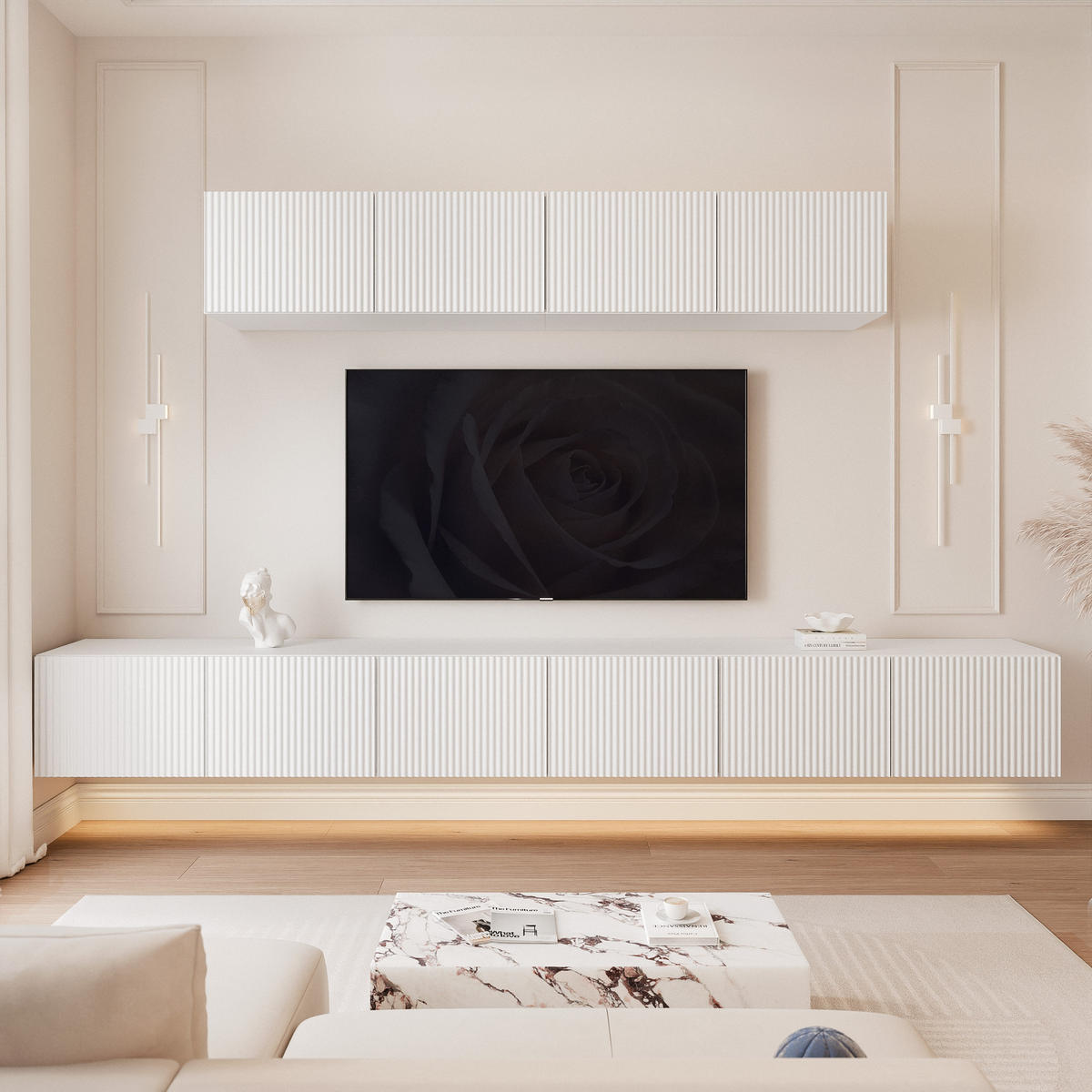 WOHNWAND ANGEL IV Mattweiß hängend mit LED-Beleuchtung 300 cm - Weiß, Holzwerkstoff (300/36/40cm) - Idohome