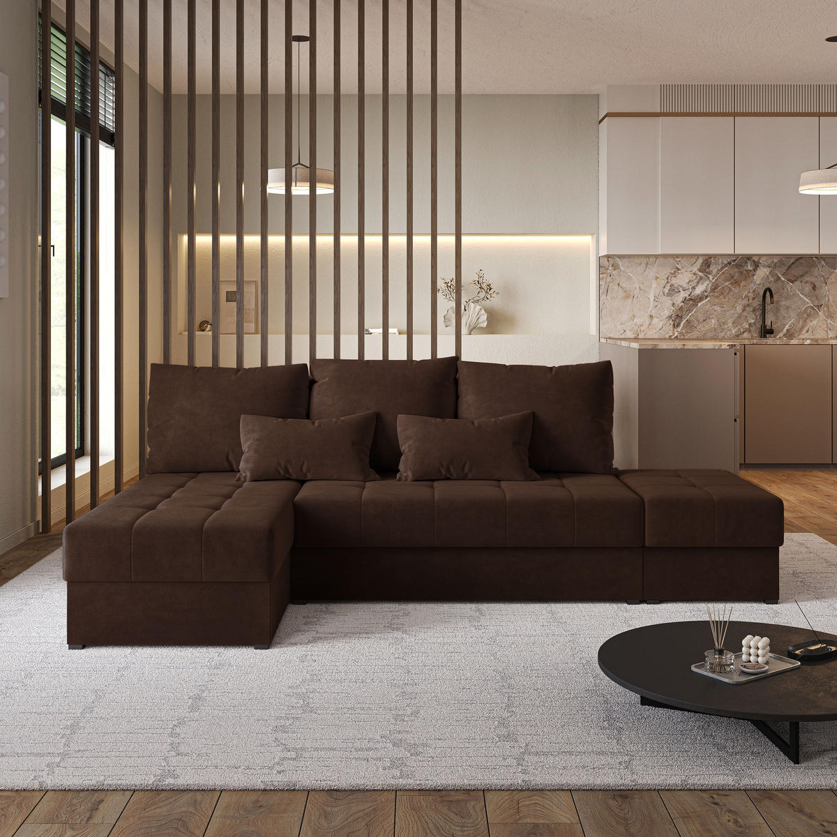 ECKSOFA NORVI Braun Plüsch-Stoff mit Schlaffunktion - Braun, Holz (251/143cm) - MASSENO