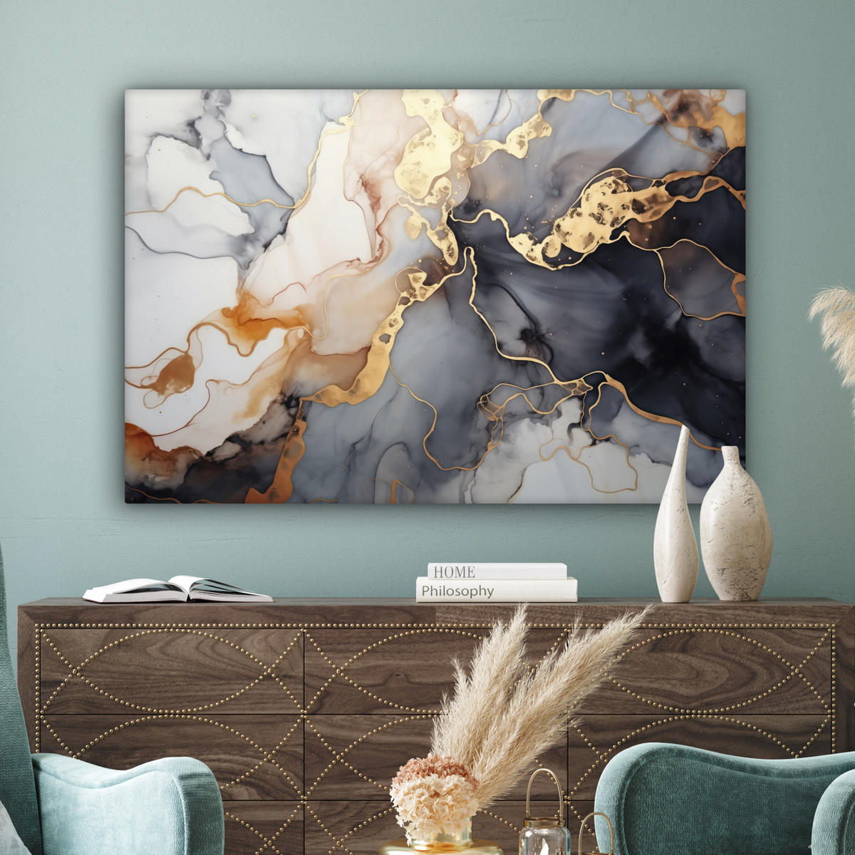 LEINWANDBILD Marmor - Schwarz - Gold - Weiß 150x100 cm - Dunkelgrau, Textil (150/100cm) - MuchoWow