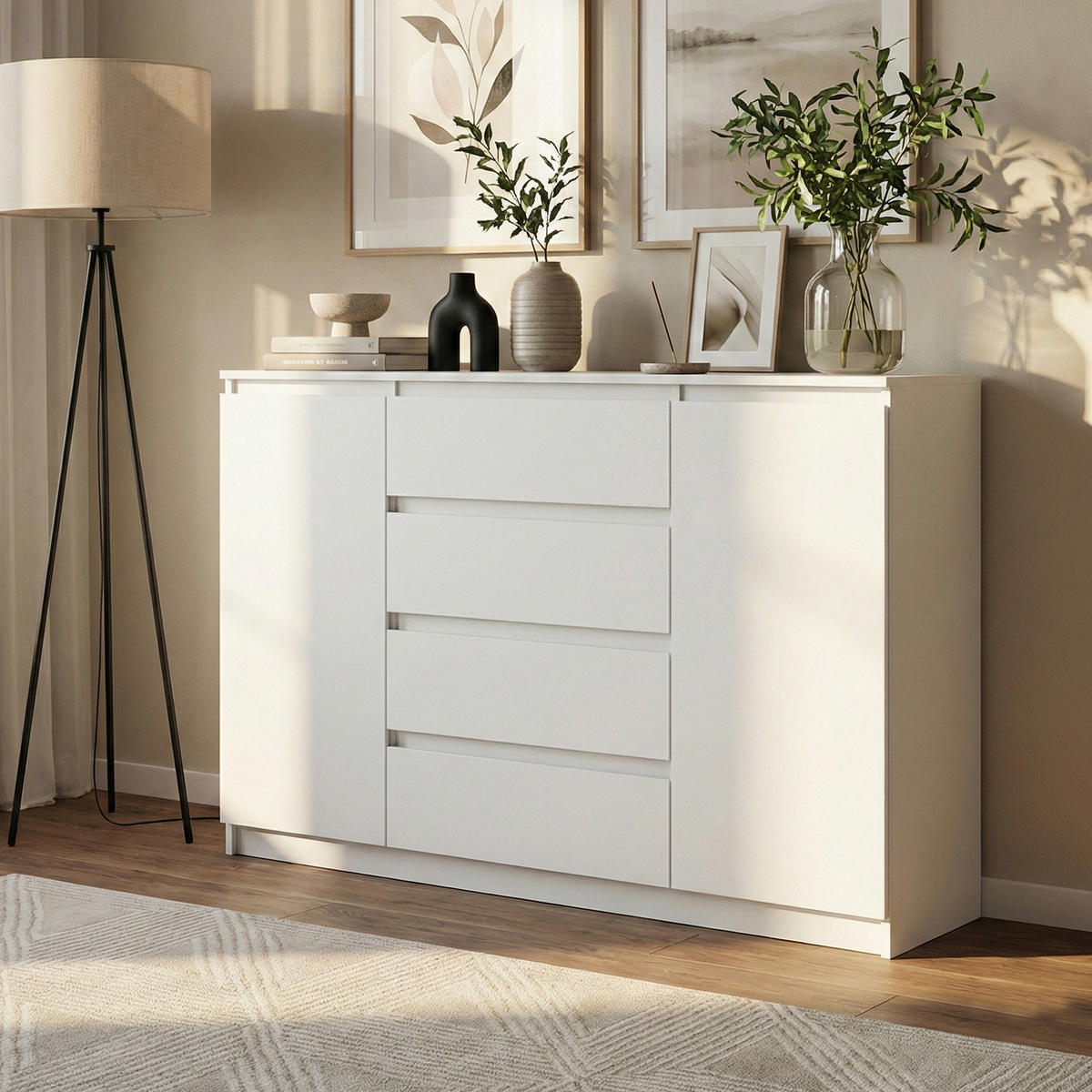 KOMMODE Lemon, mit 2 Türen und 4 Schubladen, 120 cm, Weiß matt - Weiß, Holzwerkstoff (120/101/39cm) - Beautysofa