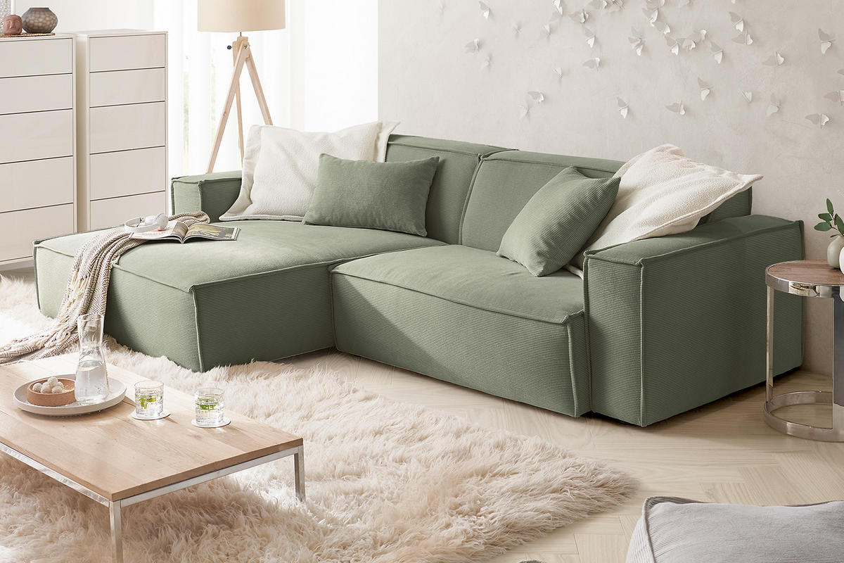 ECKSOFA SAMU Hellgrün Cord - Schwarz/Hellgrün, Textil (276/168cm) - KAWOLA