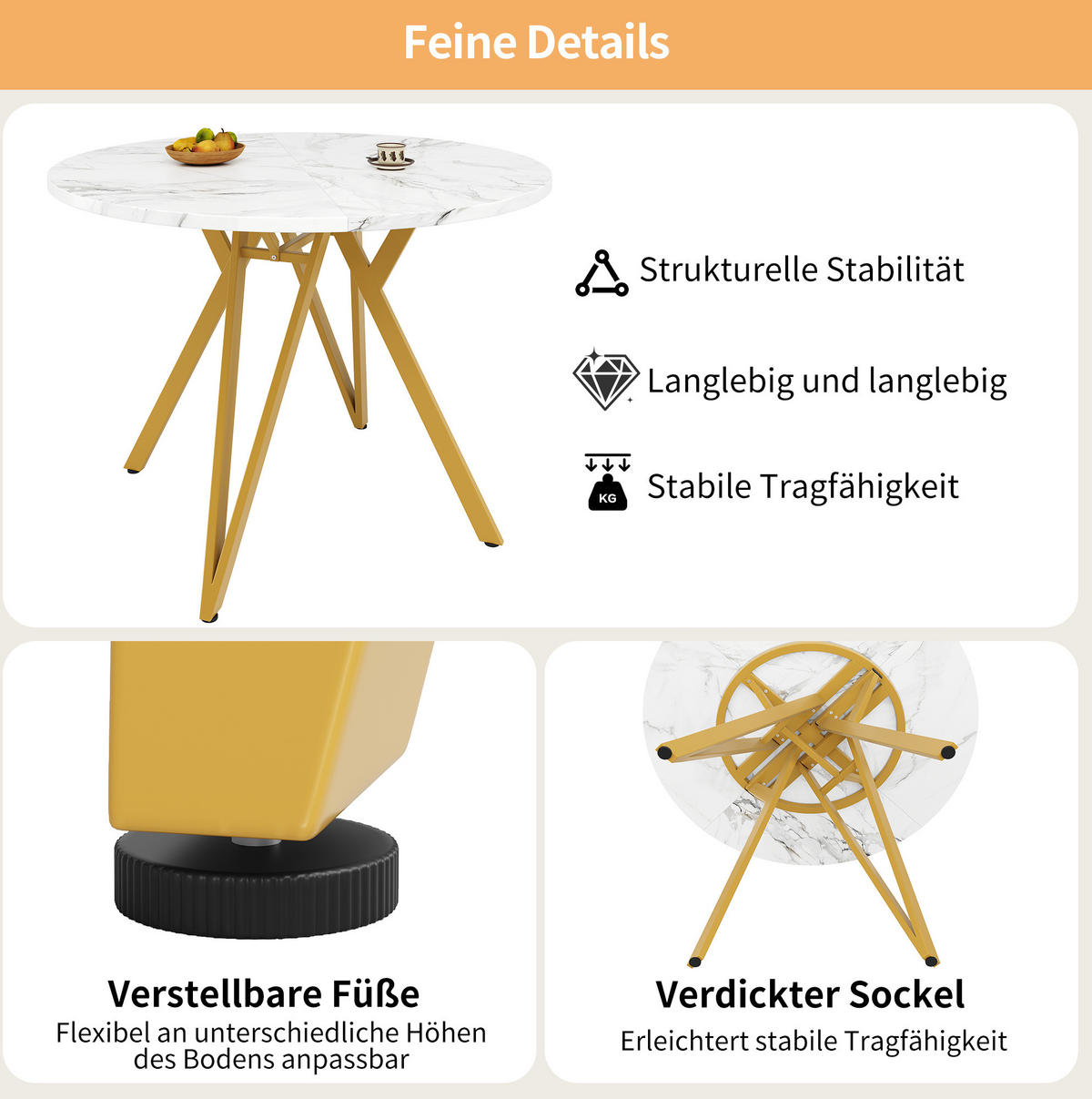 JEDÁLENSKÝ stôl 100/100/76 cm z MDF, zlatý s mramorovým dekorom - zlatá, kompozitné drevo (100/100/76cm) - BEAOK