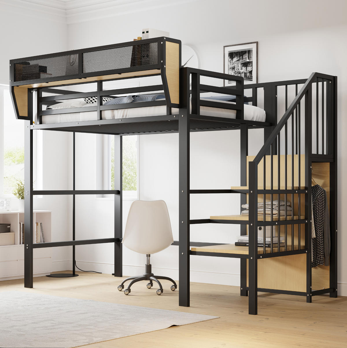 HOCHBETT aus Metall und MDF 90x200 cm Schwarz mit Sicherheitsleiter und flexiblem Regal - Schwarz, Metall (140/200cm) - Modfu